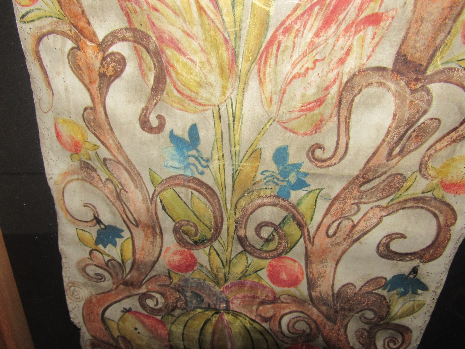 Pair framed Swedish Dalmålning painting on leather flowers tulip rose 14×30″