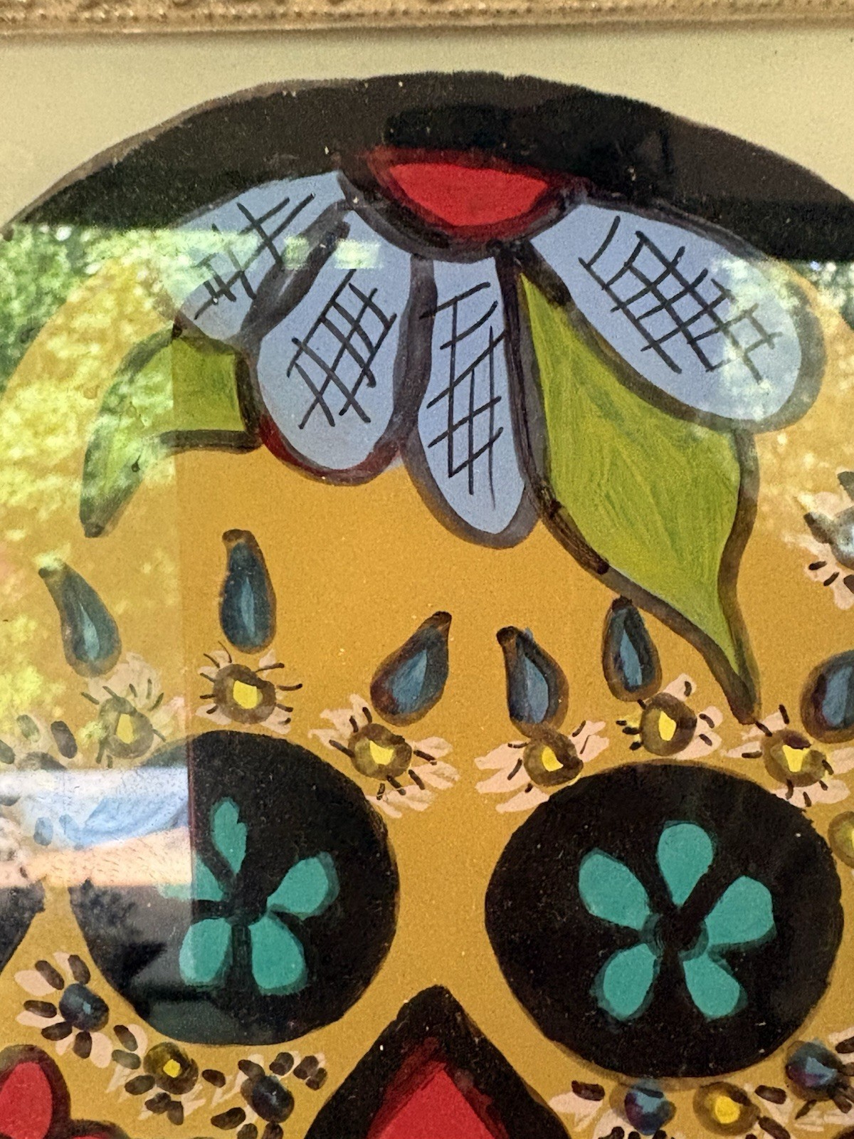 Vibrant Lori Pastor Reverse Glass Sugar Skull Painting 9” x 7” Gold Frame
