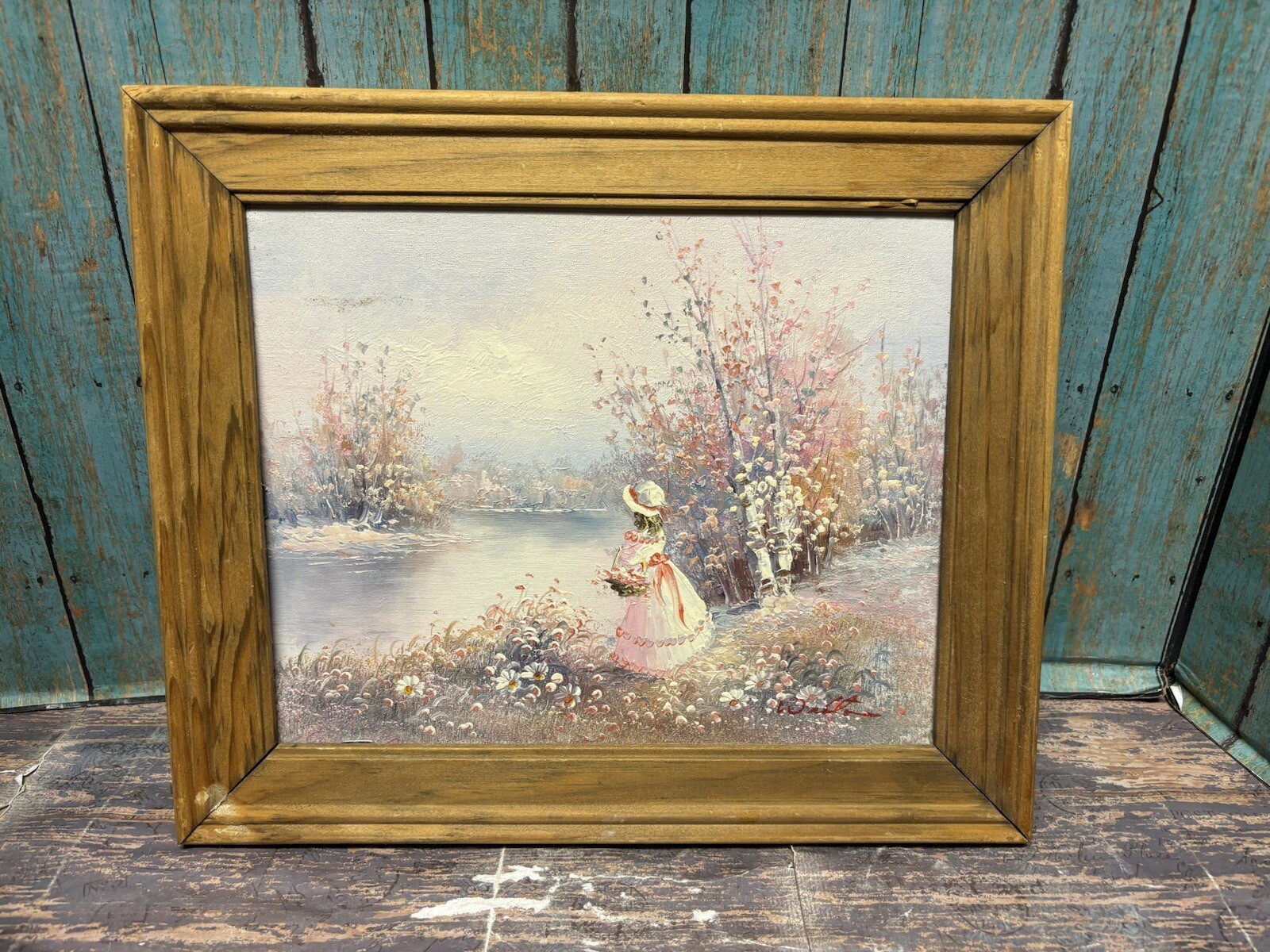 WALTON Pastel Painted on MDF board of Girl by Lake with Flower Basket Framed