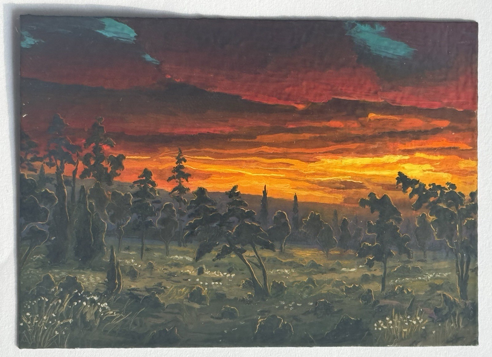 ACEO Original Painting Landscape Sky Trees Sunset Sunrise Colorful Art Card ATC