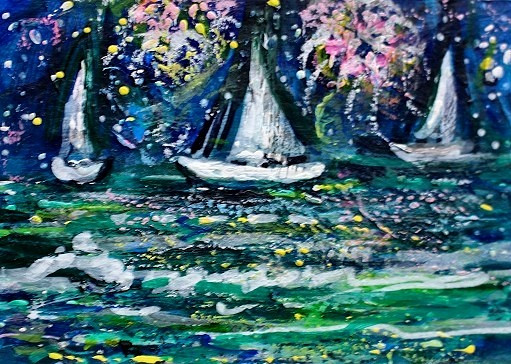ACEO Original Painting FIREWORKS Summer Sailboats Ocean Sea Bay Boats Night ART