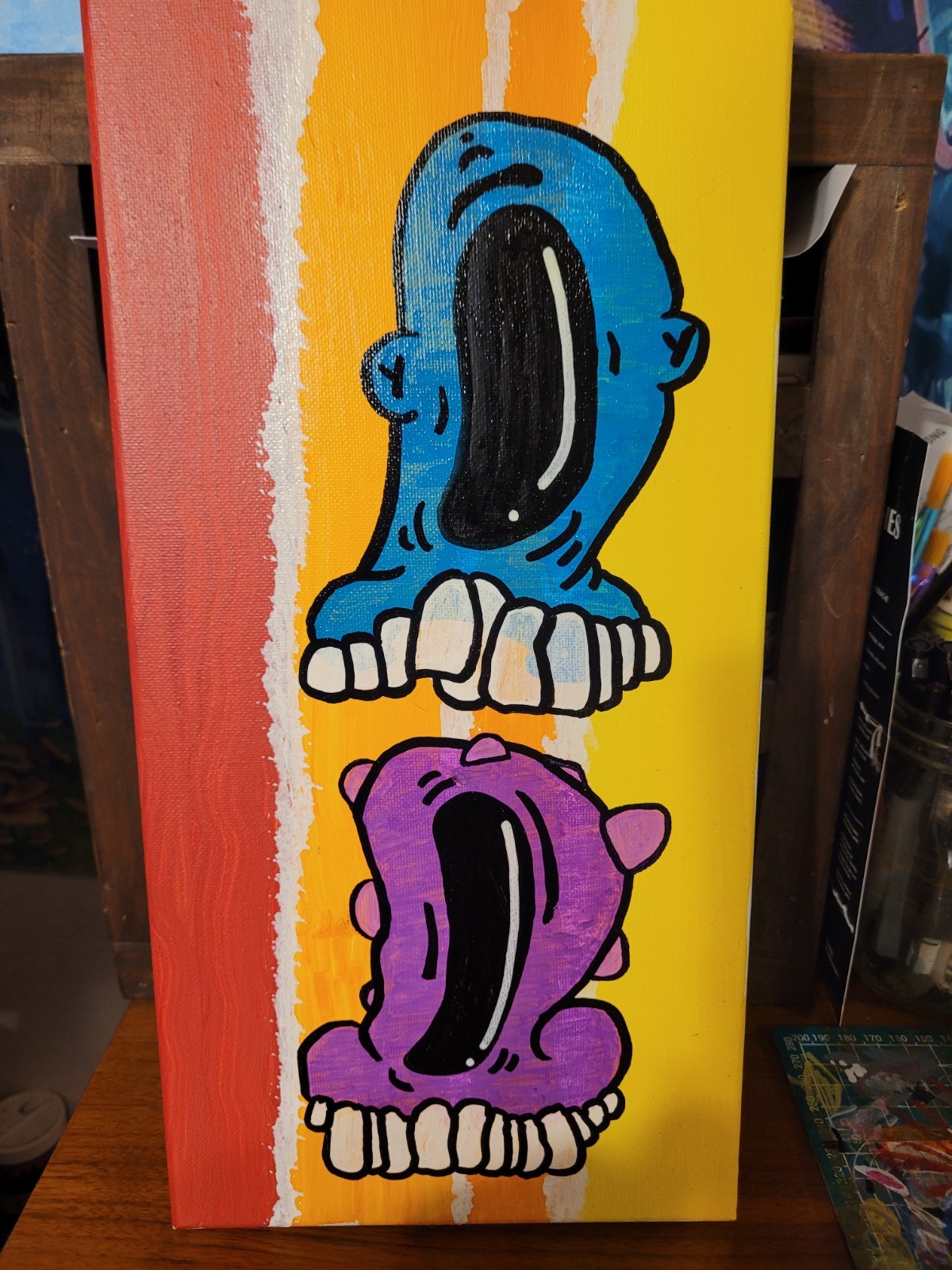 Original Painting 2 Freak Heads Alien Punks Big Teeth Low Brow Creature Heads