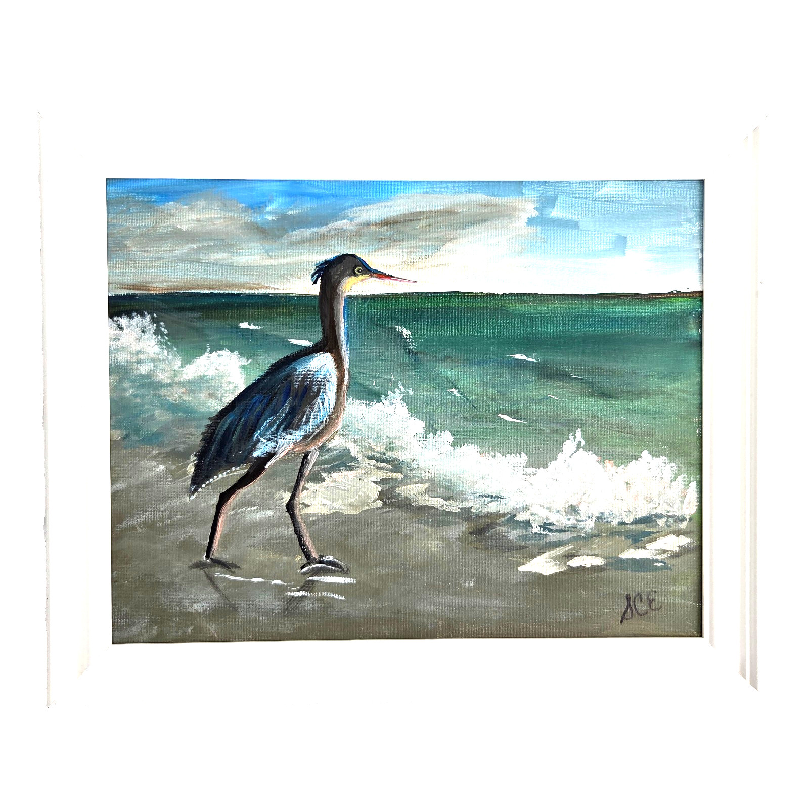 Original Painting Wall Art Blue Heron Frame in Gulf Sea 16.5 x 13.5″ Artist Sign