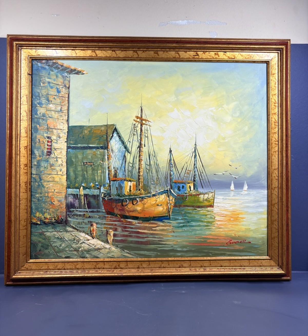 Original Oil Painting on Canvas Harbor Scene with Boats Signed Grace Framed