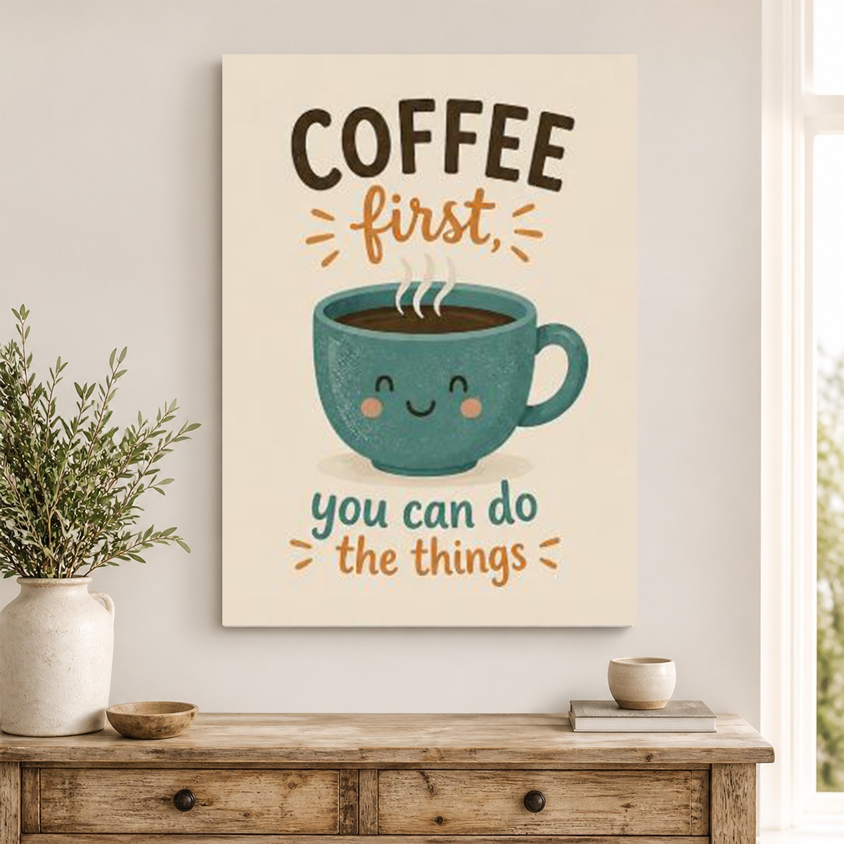 Coffee First Canvas Wall Art Cute Coffee Cup Kitchen Decor Motivational Quote