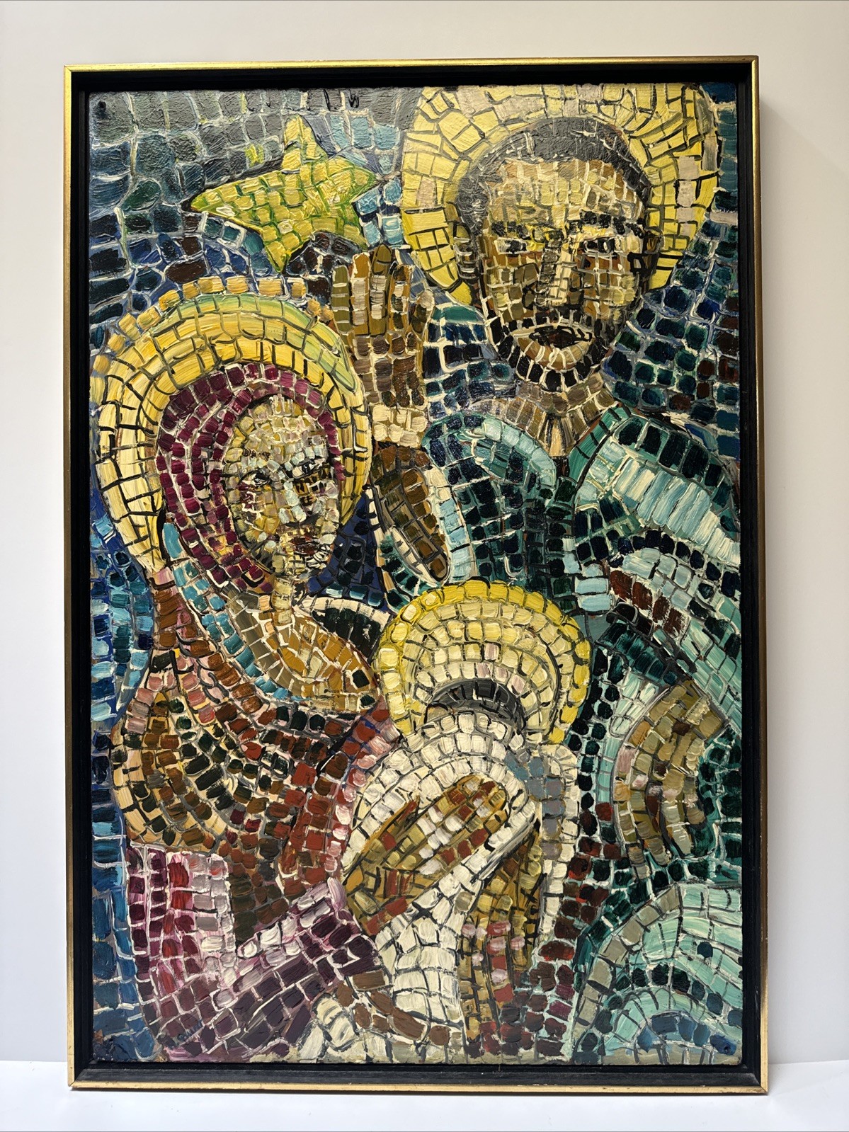 LARGE MID CENTURY PAINTING ICONIC PORTRAIT POINTILLISM MOSAIC STYLE ICON VINTAGE