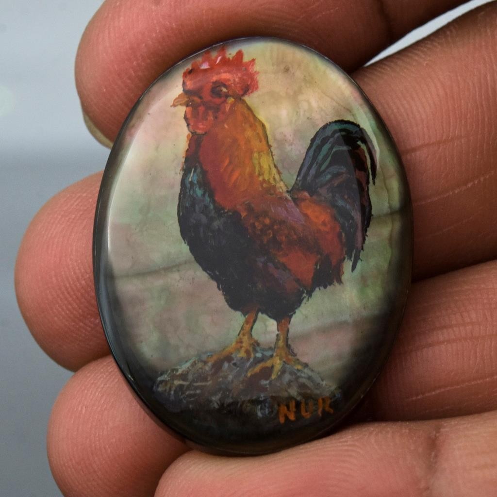 Rooster Original Artisan Painted Mother-of-Pearl Shell Oval Cabochon 35x26mm