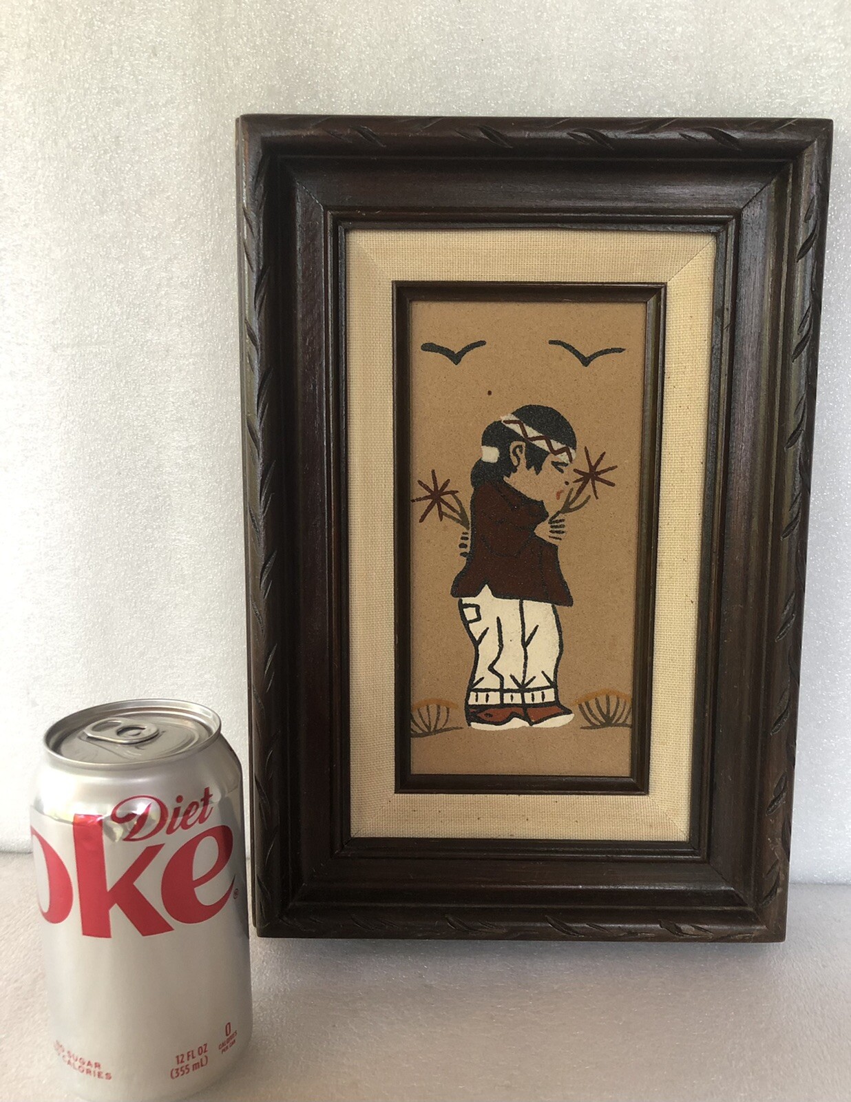 Vtg Navajo Boy Sand Painting Carved Wood Frame 13″ x 9″ Artist Signed