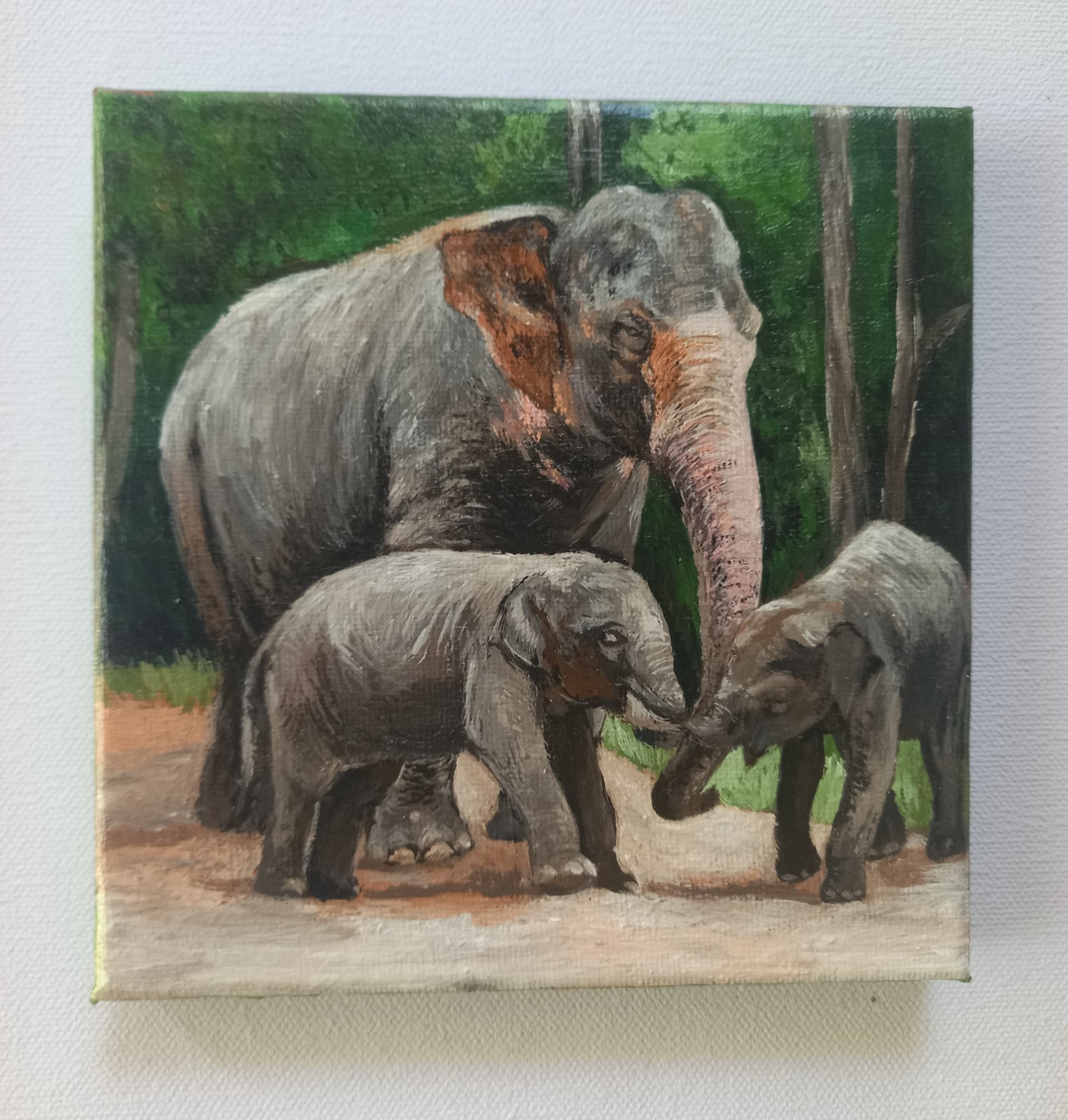 Original Handmade Canvas Art – Elephant Family (Mother with Two Baby Elephants)”
