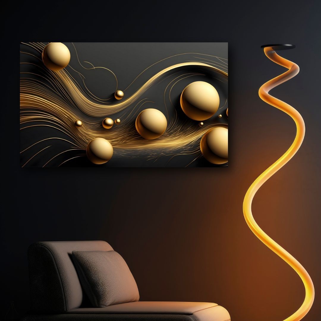 3D Painting Abstract Gold Spheres Art UV Printed Acrylic Glass Wall Decor