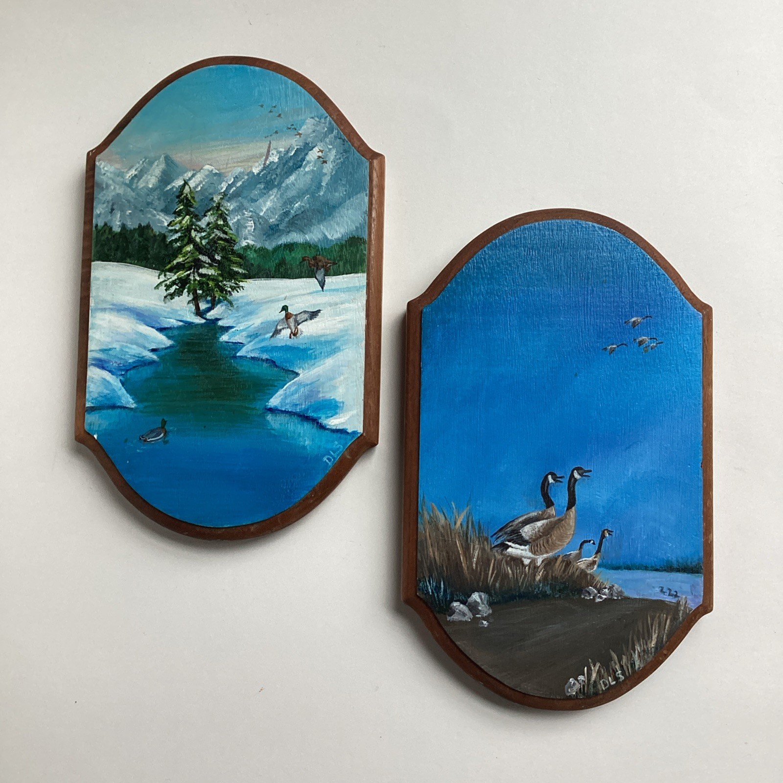Vintage Painting Wood Plaque Set Fall Winter Lake Mountain Duck Geese Signed Art