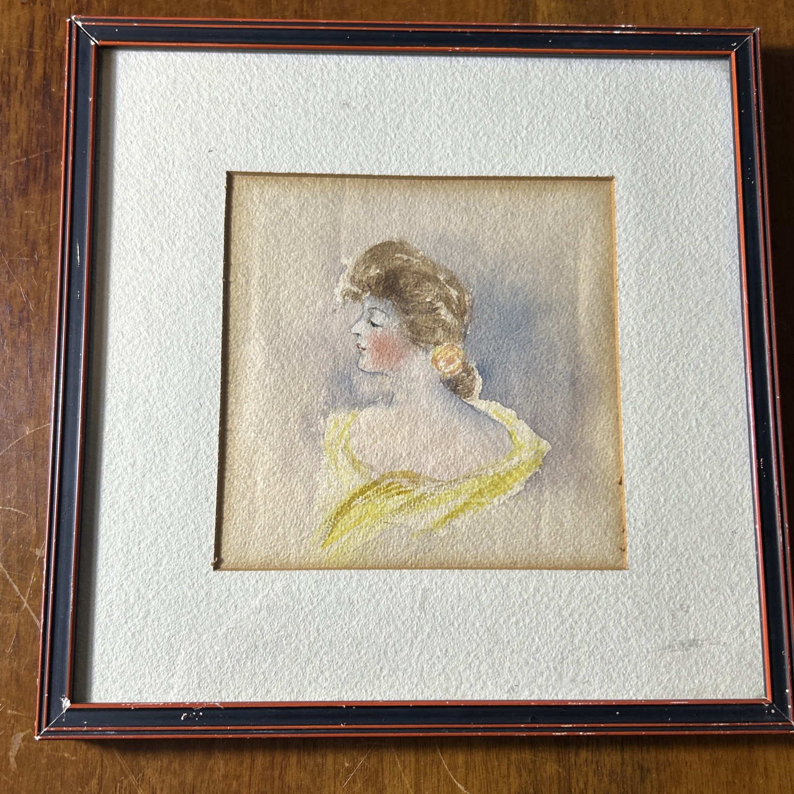 Antique Original Watercolor Painting Portrait of Victorian Lady 10 x 10 Square