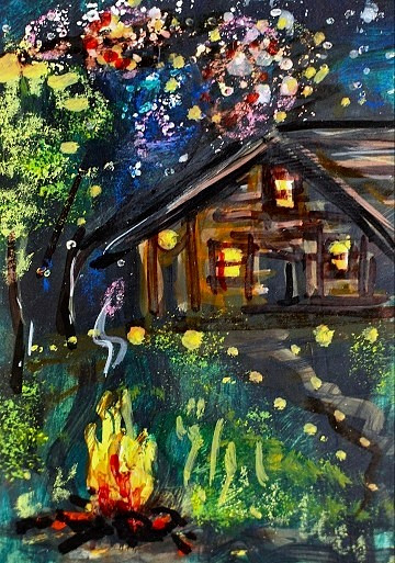 ACEO Original PAINTING Summer CABIN Fireworks Campfire Night Landscape ATC ART