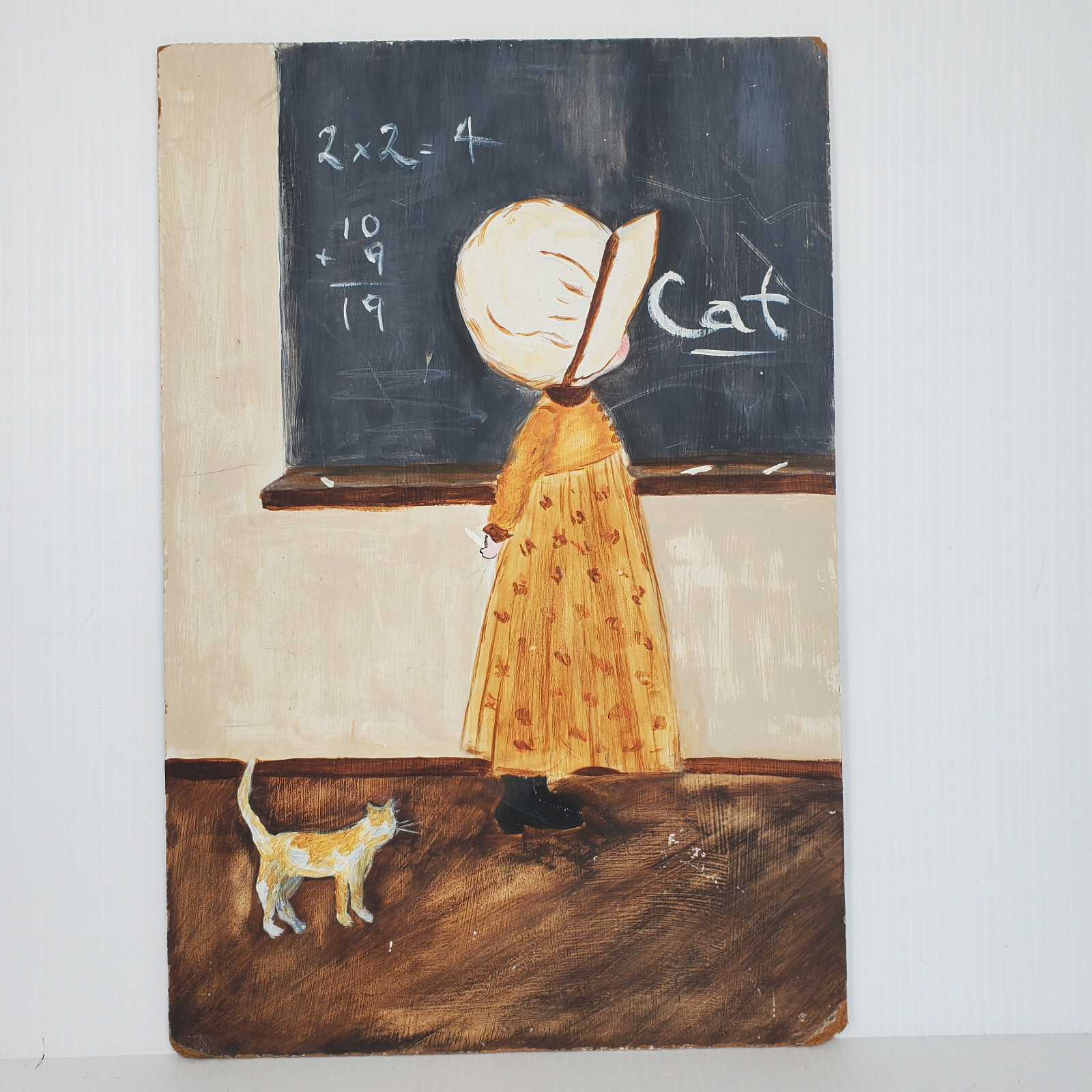 Primitive School House Girl Spelling Cat Chalkboard Math 18×12 Acrylic? Painting