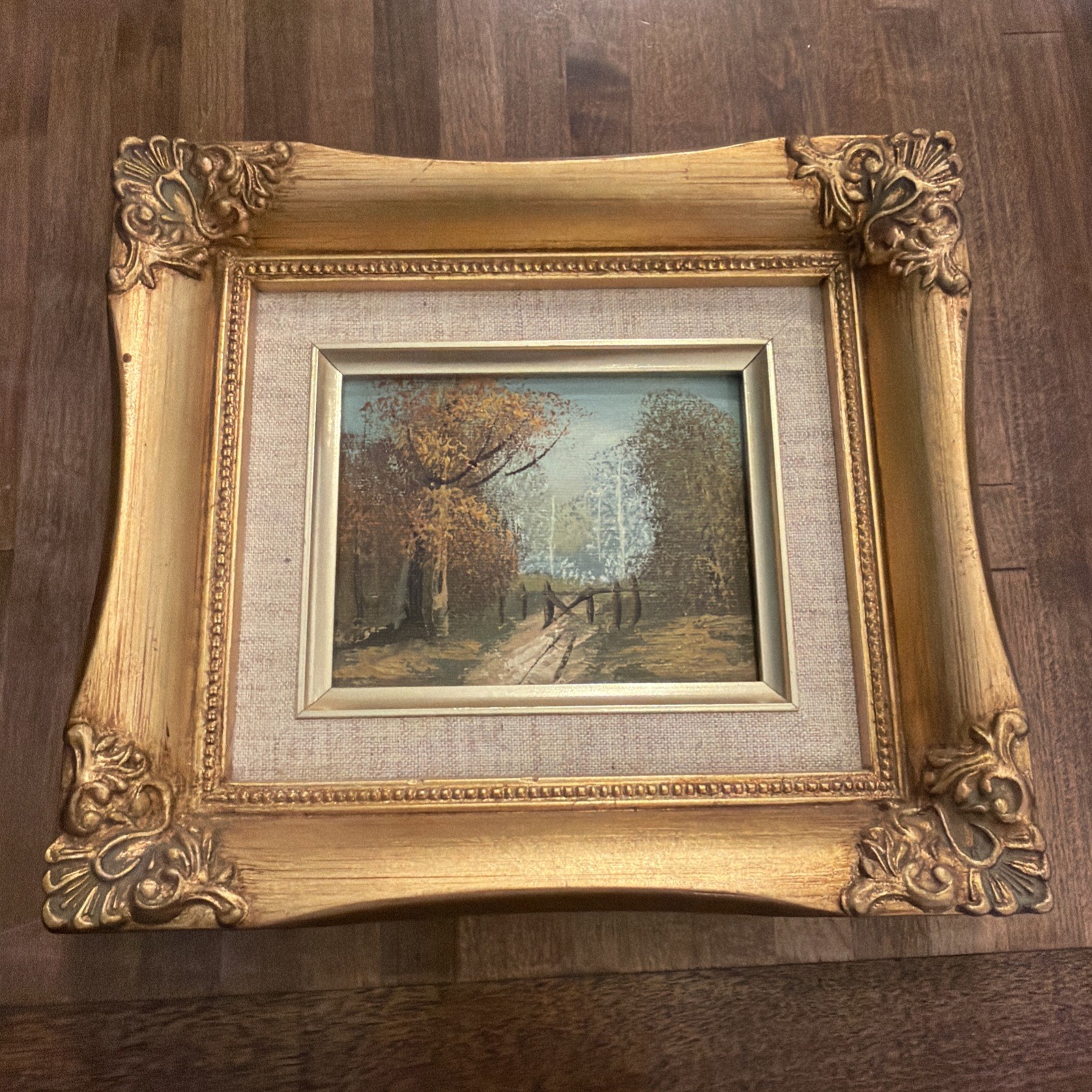 Miniature Fall Hand painted oil Landscape Gold gilded wood frame Linen Mat