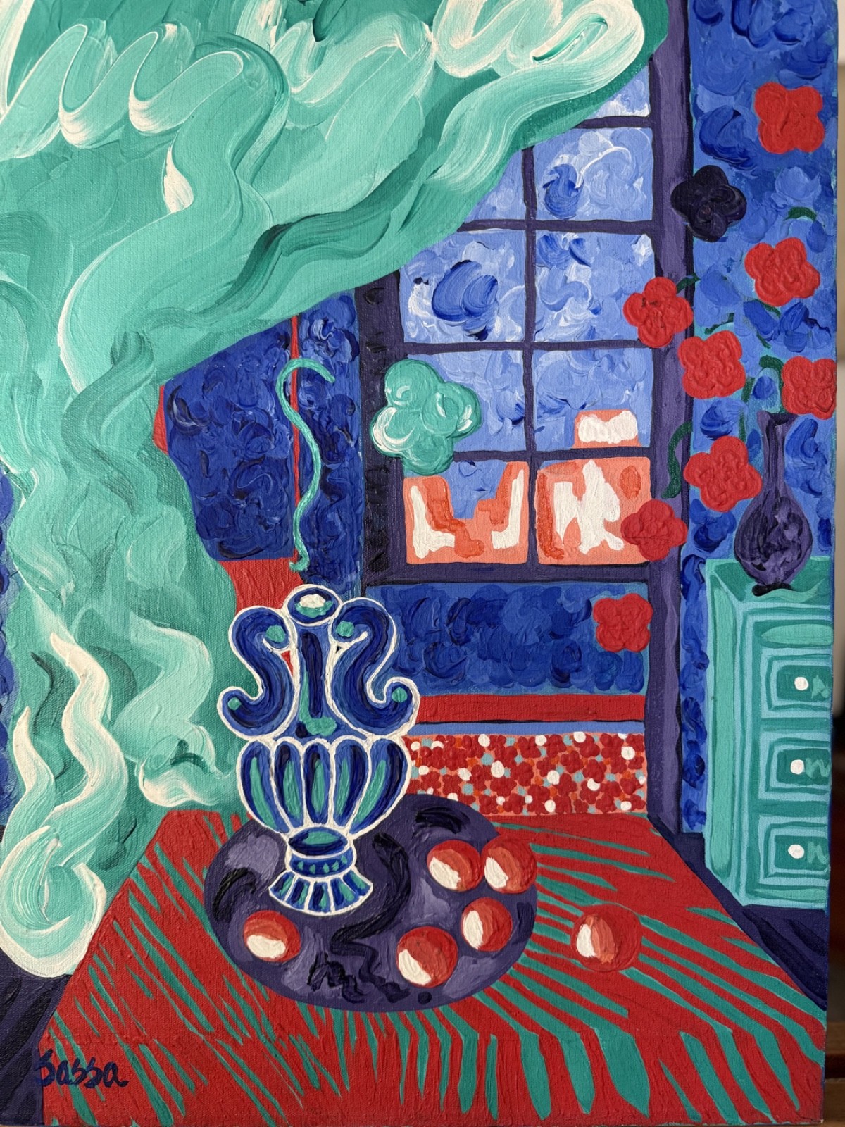 Modern Still Life Acrylic Painting Interior Scene with Vase & Fruit Signed Sassa