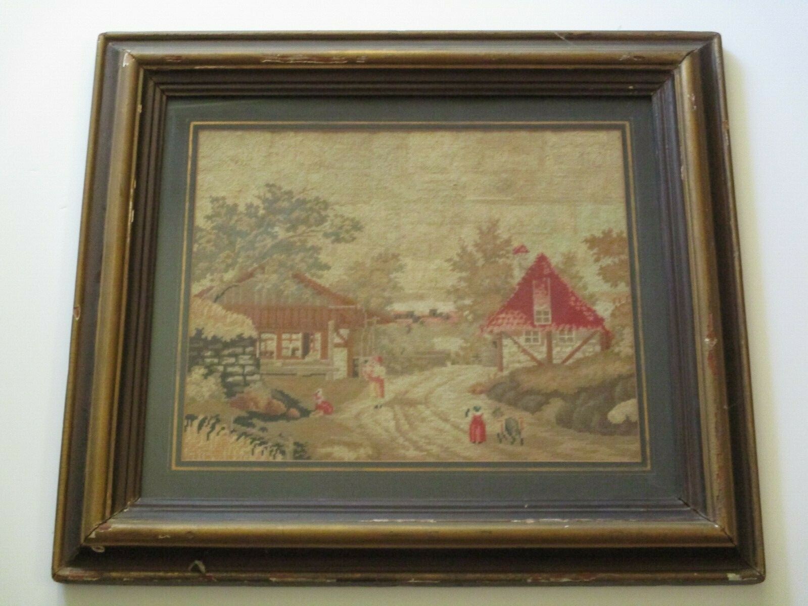 MARY GERTRUDE FERDON NEEDLEPOINT PAINTING 1850 FOLK ART LANDSCAPE NAIVE ANTIQUE