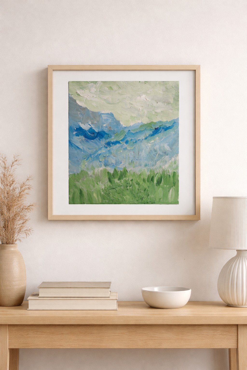Original Mountain Meadow Landscape Painting 11×14 Acrylic on Canvas Blue Green I
