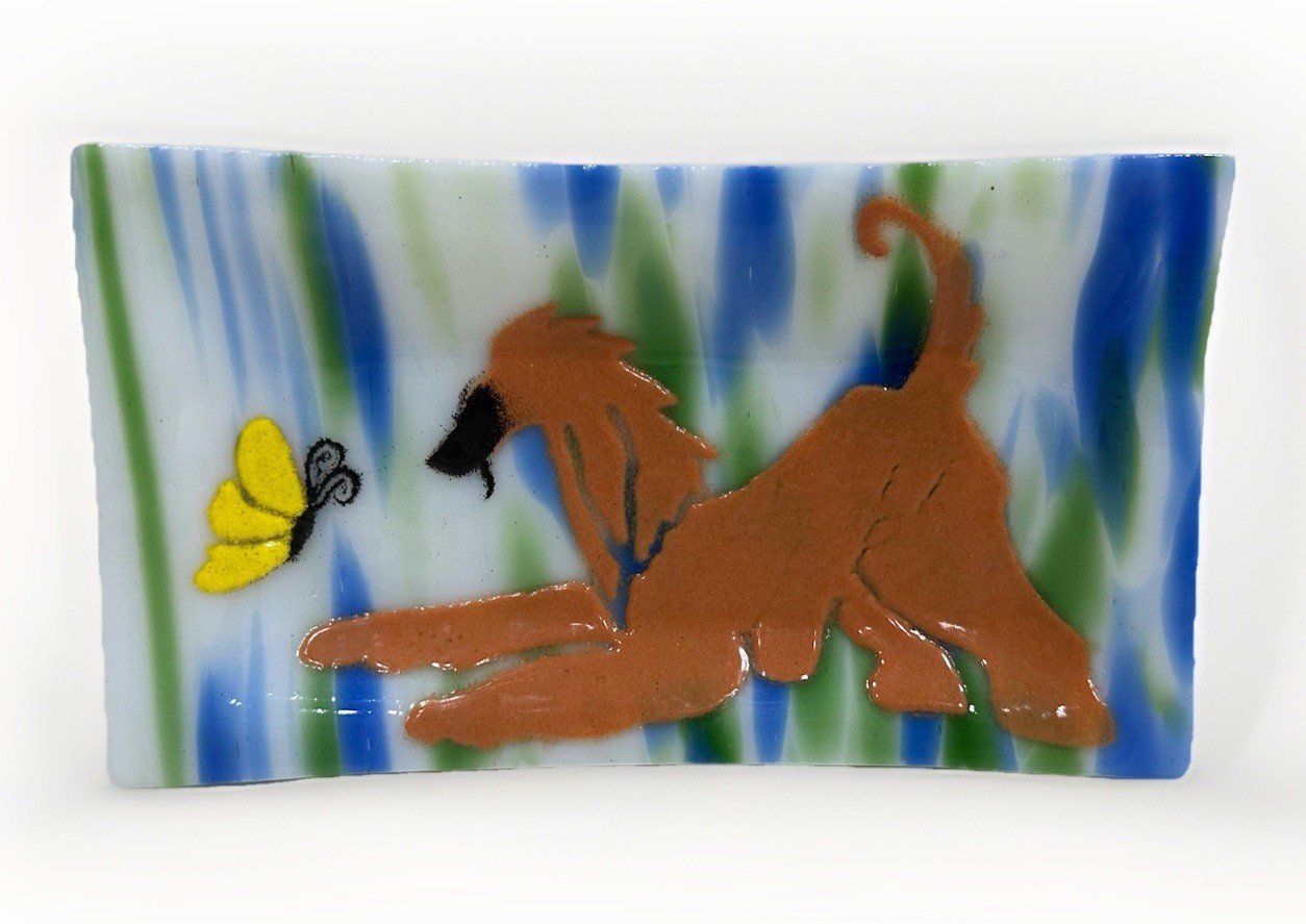 Afghan Hound Hand Painted Glass Tray Dish Dog Show Art Vintage