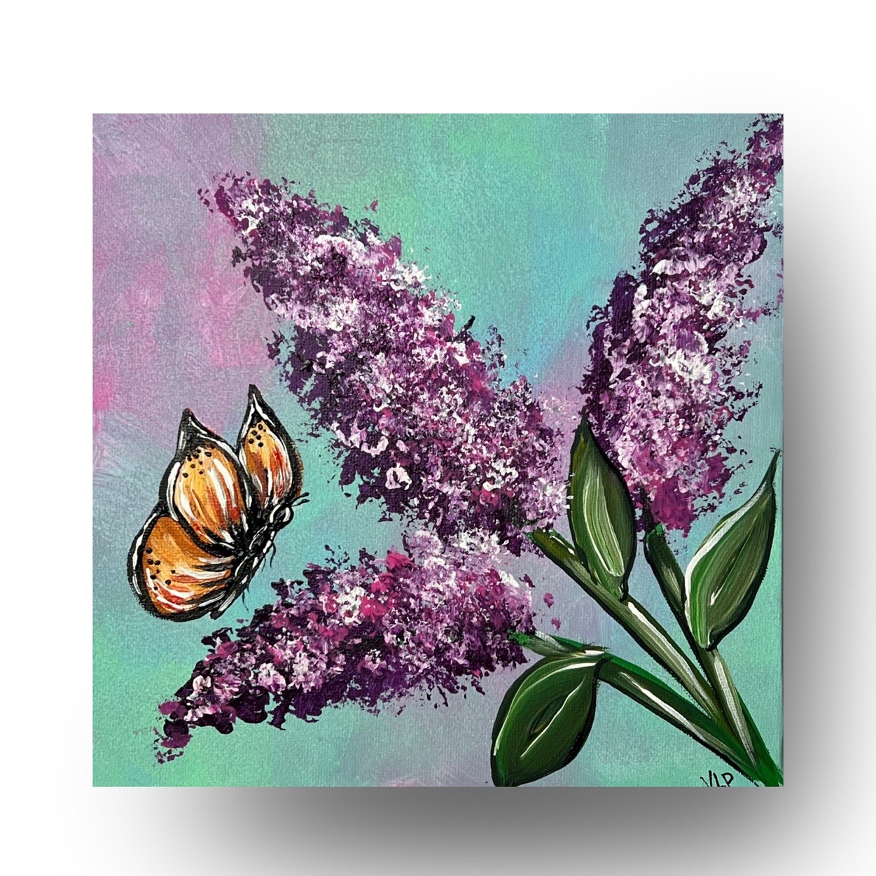 Butterfly Purple Lilacs Original Flower Garden Art VLP Acrylic 8×8” Canvas Panel