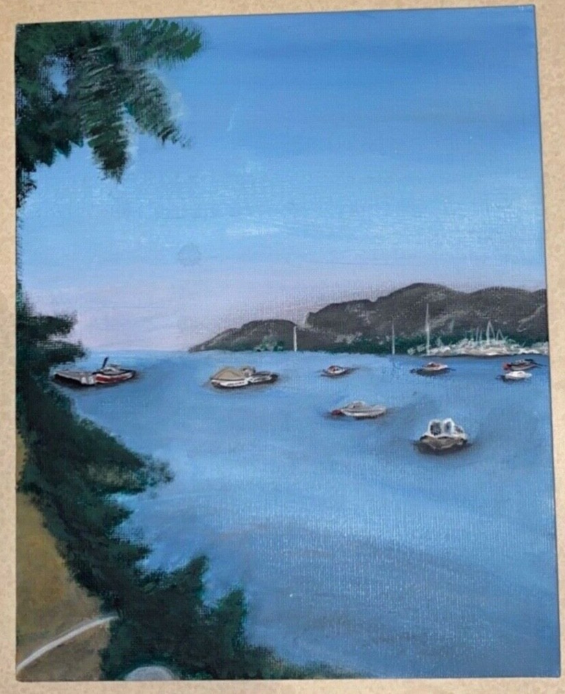 Authentic/Original painting, thin canvas, Greece, Mountain, Boats, Lake, 8×11 in