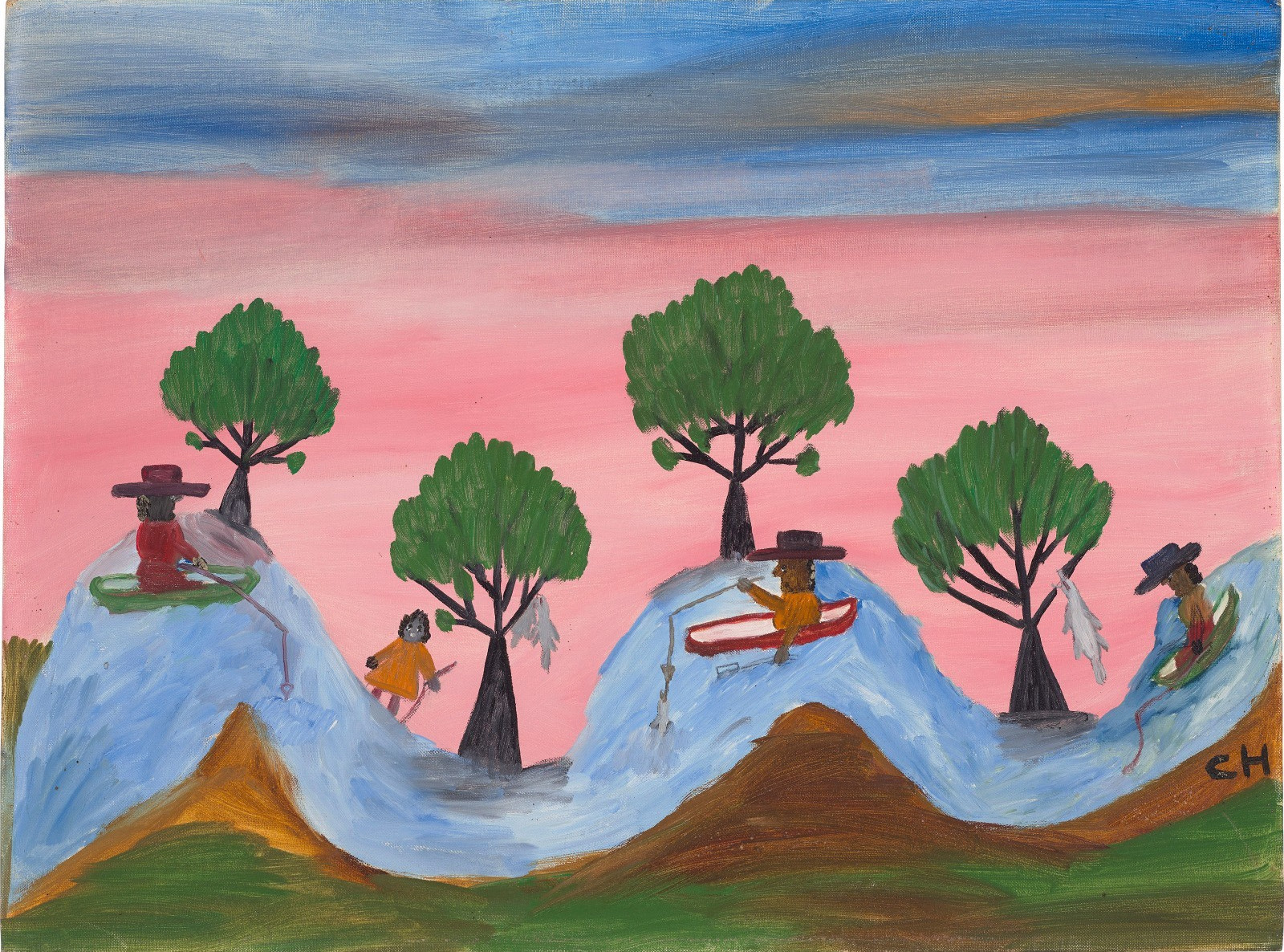 Clementine Hunter (Handmade) Signed Oil Painting on Canvas 16×24 in Naive Art ..