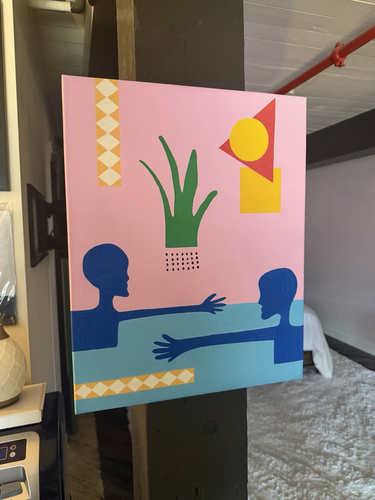 Abstract Modern Figures Acrylic Painting Canvas – Pink Blue Green Yellow 16×20