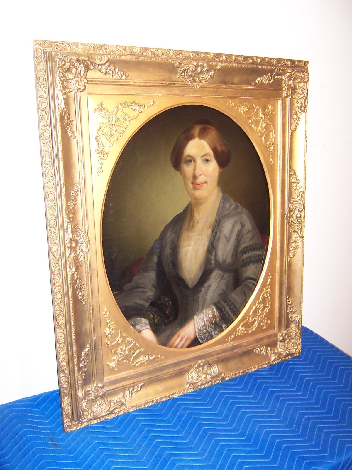 Antique American Lady Folk Portrait Oil Painting on Canvas Schenectady NY 1853