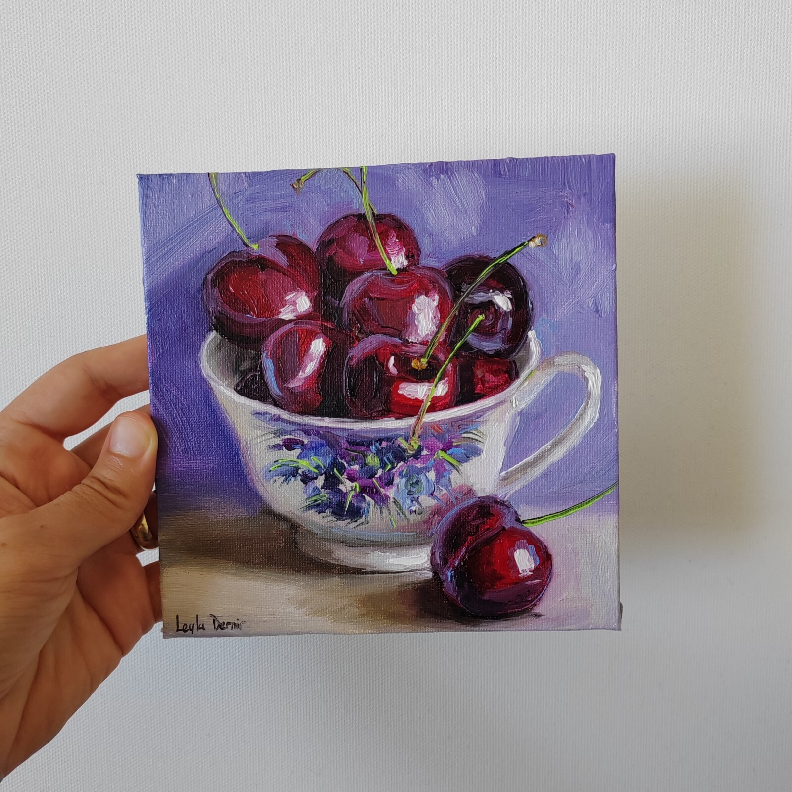 Cherries fruit in porcelain cup 6×6 in- oil on ampersand board