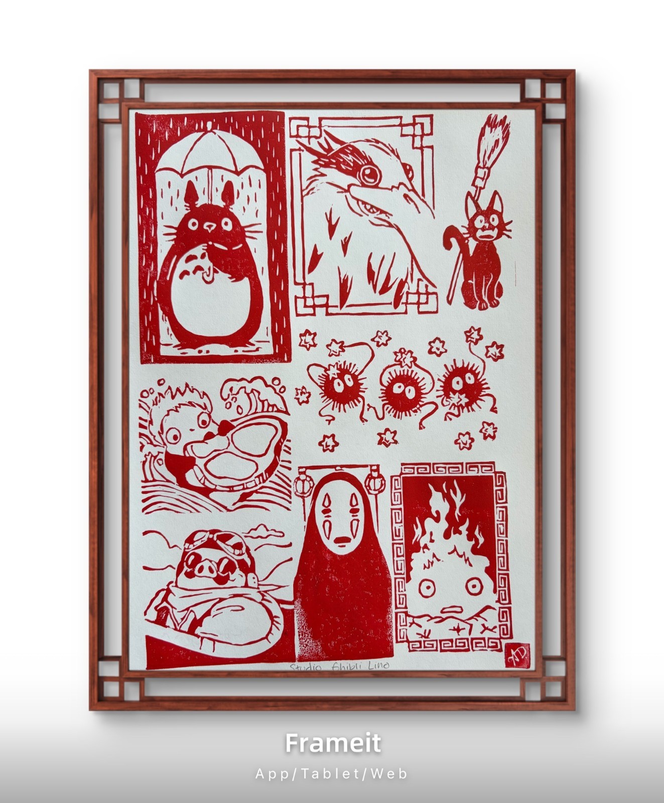 Original Studio Ghibli Linocut 4/10 Print By Alannah Dyer- 9×12 in. Red Printing