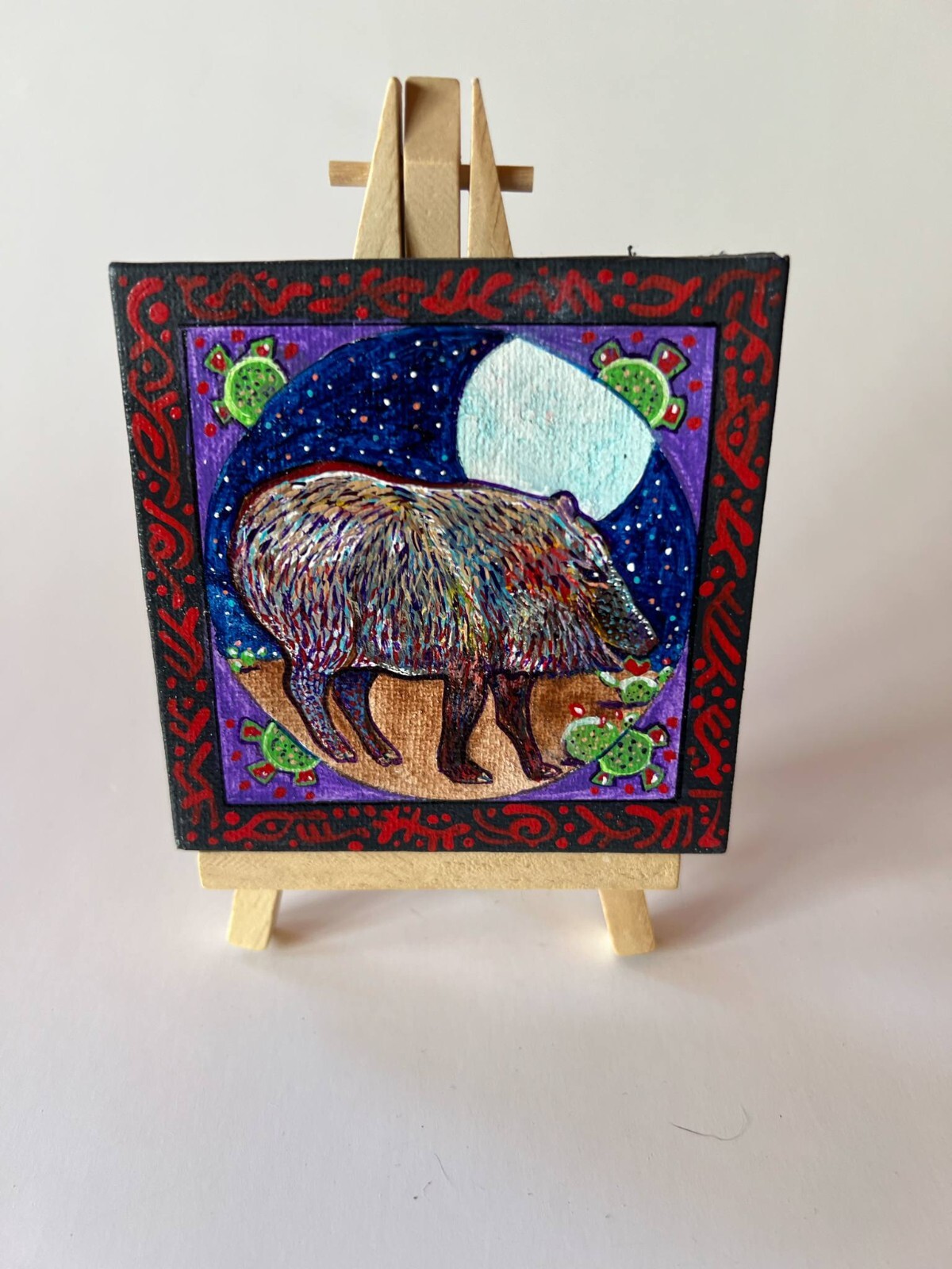 «Javelina with Prickly Pear» Folk-art Painting by Taos, NM Artist F. D. Aragon