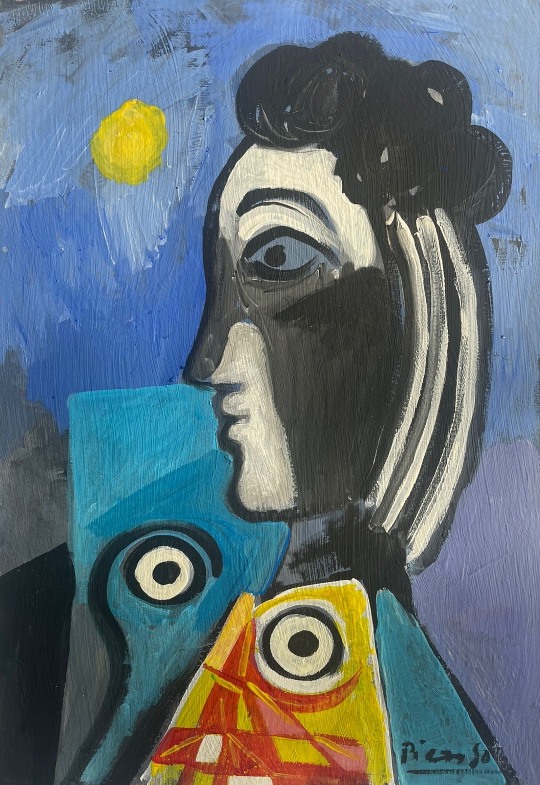 Picasso Pablo Original Painting Woman Profile Girl Blue Sky Hair Spanish Art F74