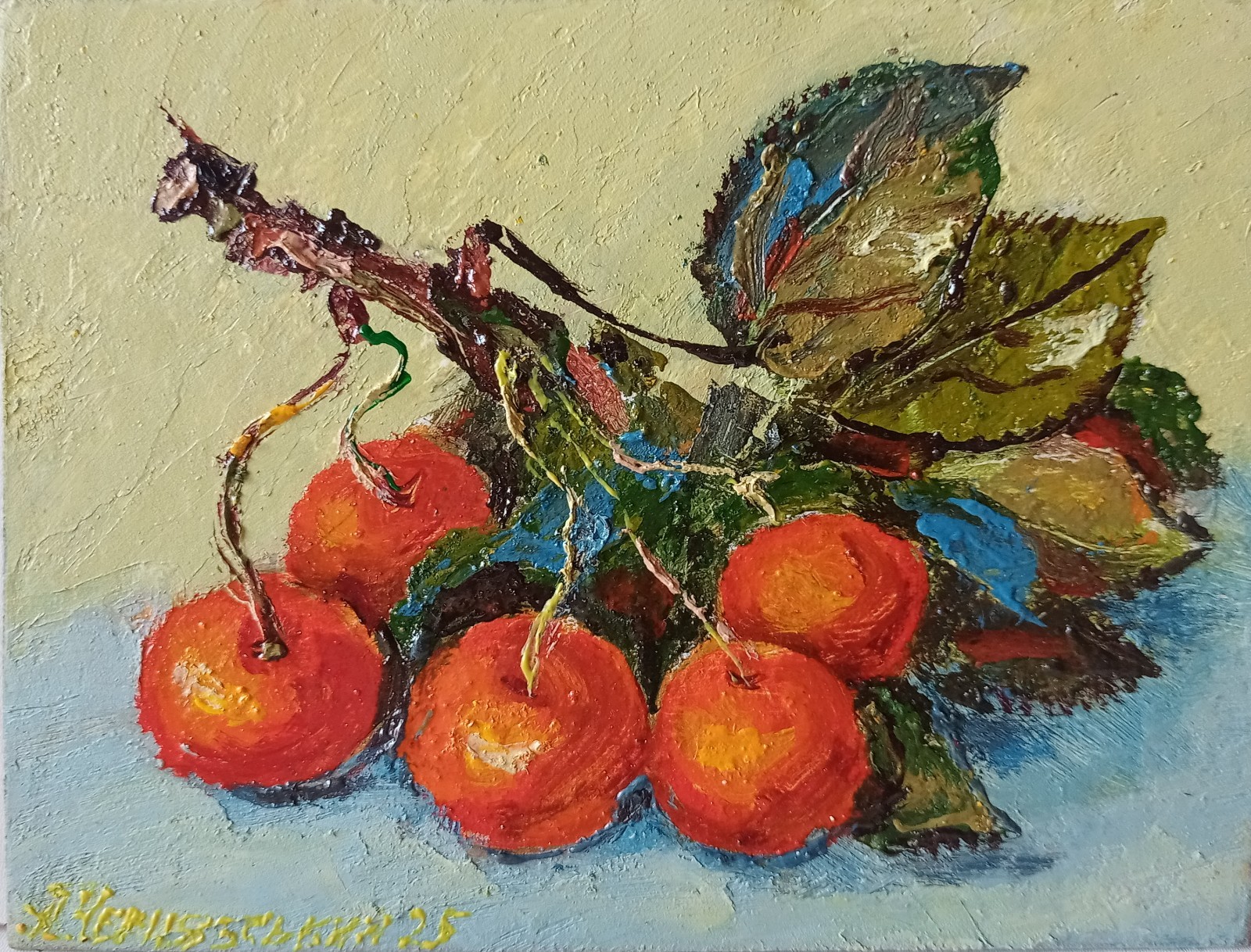 Cherries Impasto Painting Original Art Impression Oil Painting 5.2 x 6.8 in