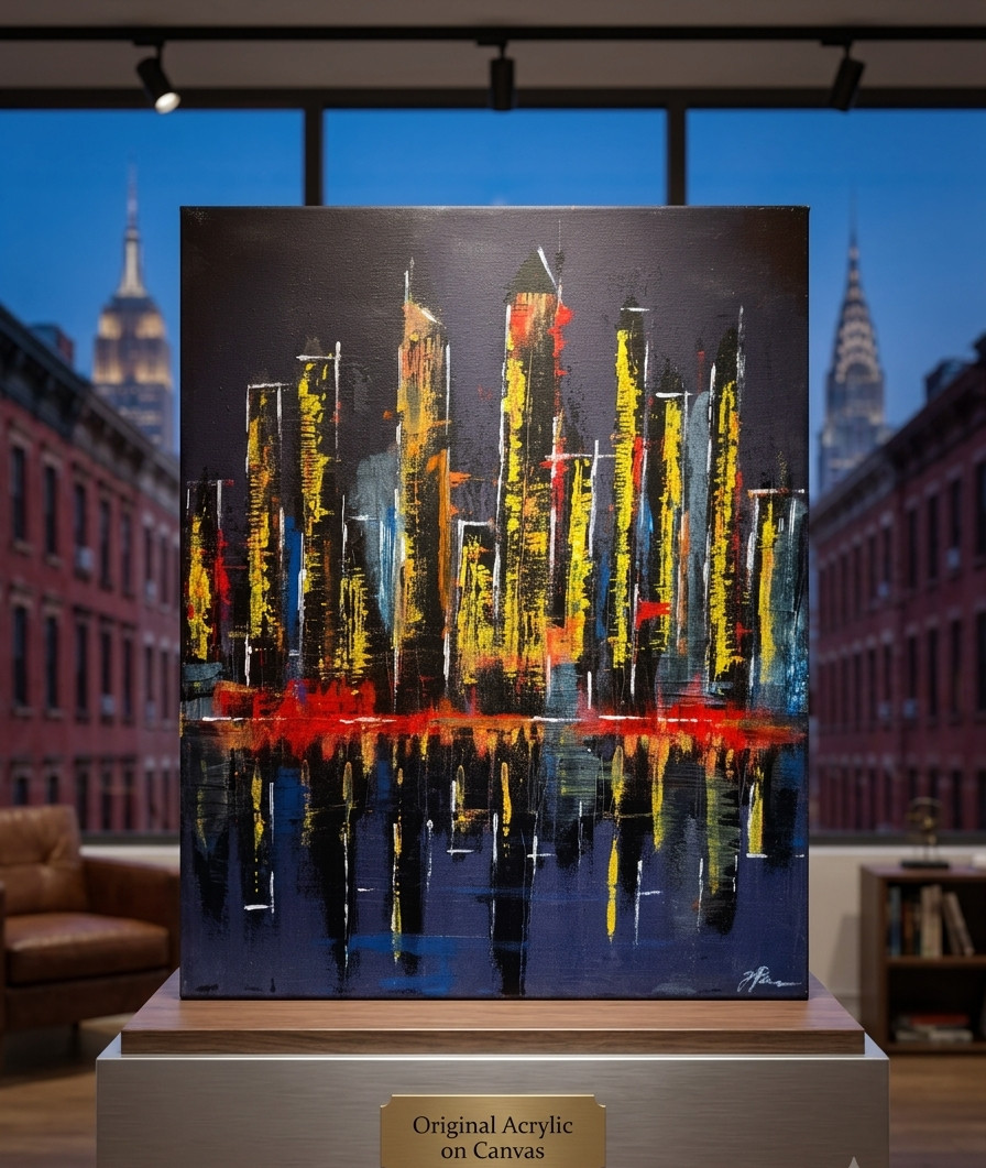 Original Cityscape Acrylic Abstract Painting 16×20 Canvas Modern Skyline Art