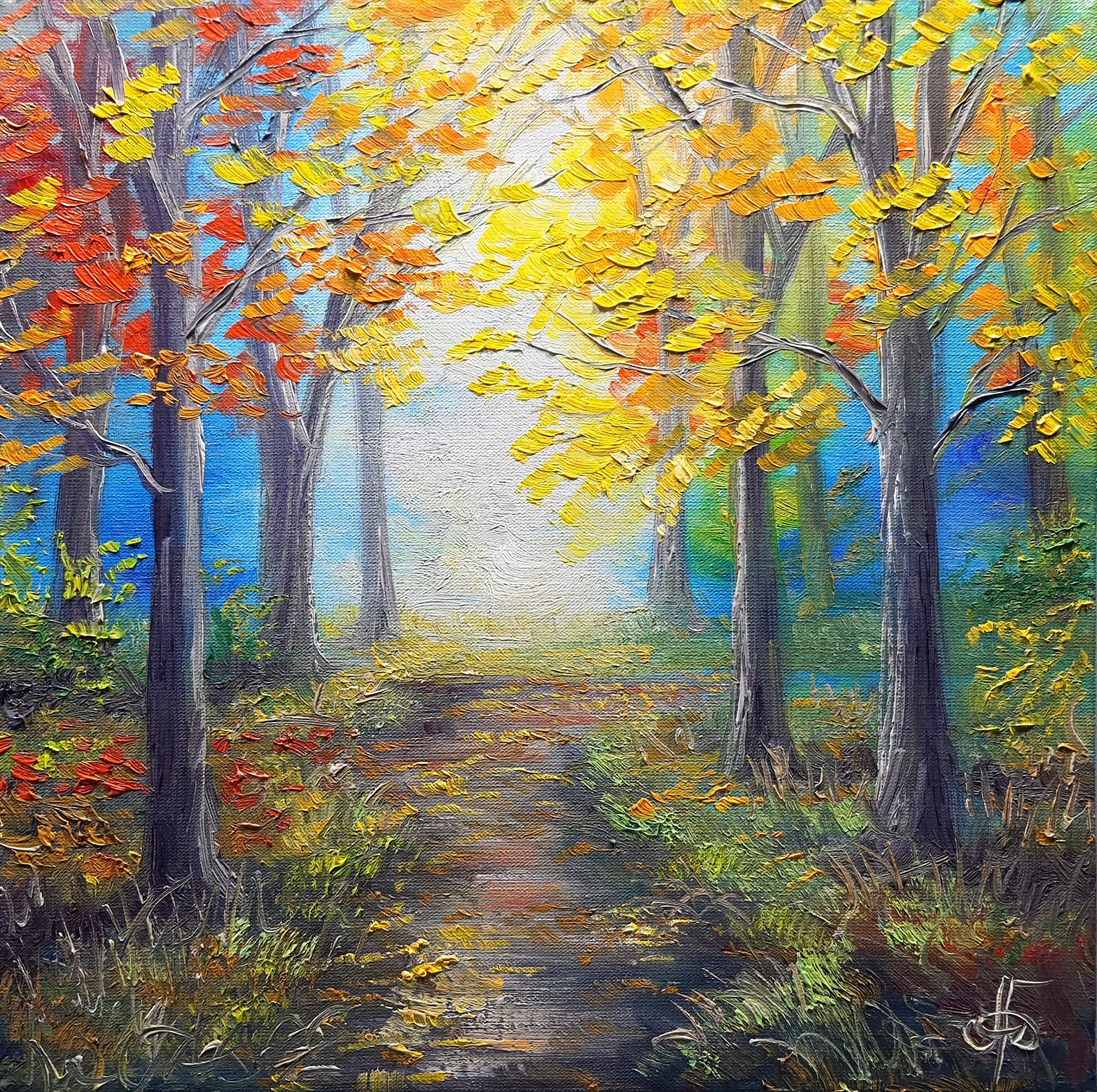 Autumn Woodland Path Oil Painting Original Forest Wall Art Canvas Decor 10×10