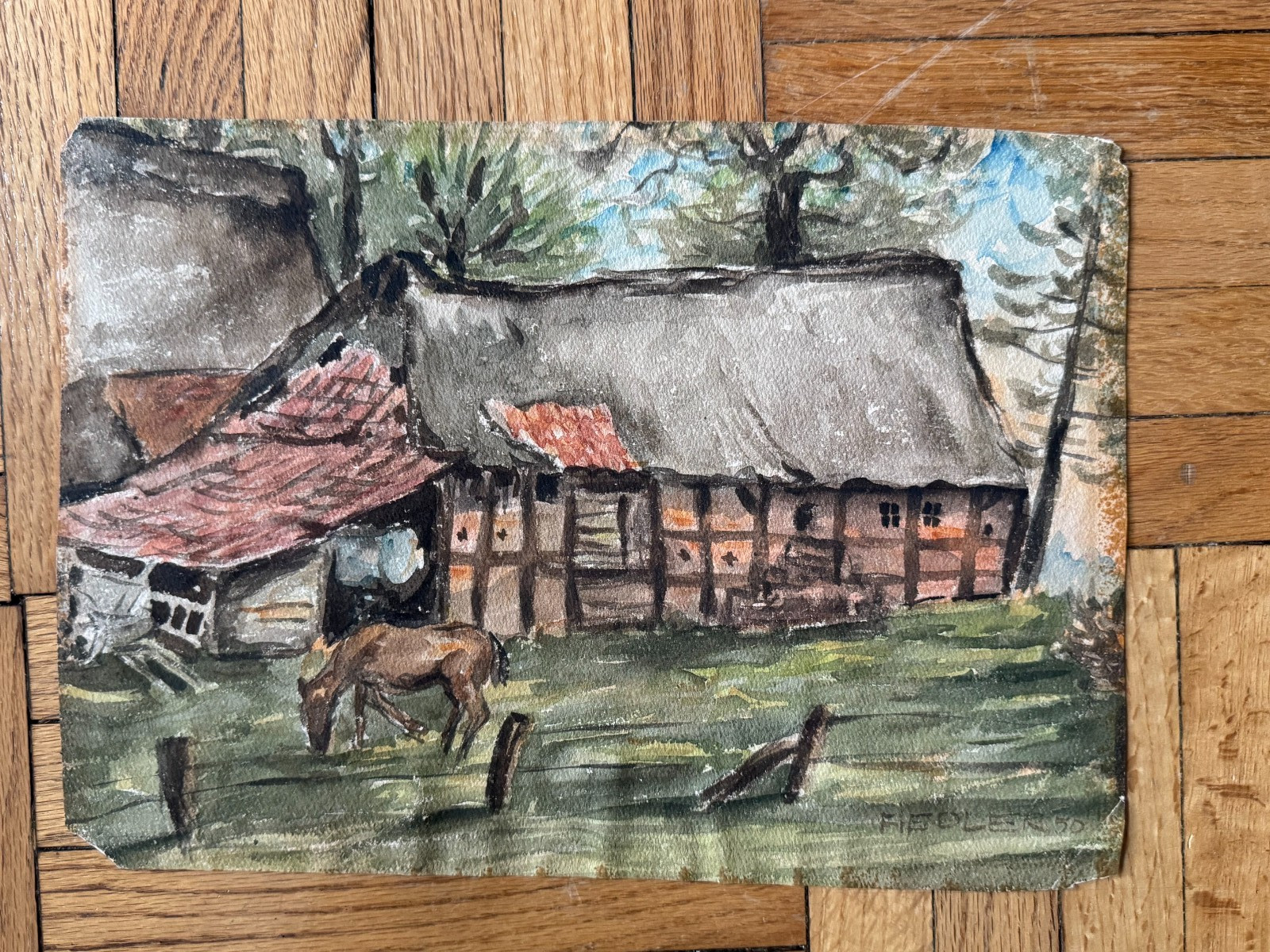 Vintage 1950’s Watercolor Painting Barn Scene Signed Fielder OOAK 12.5 x 9