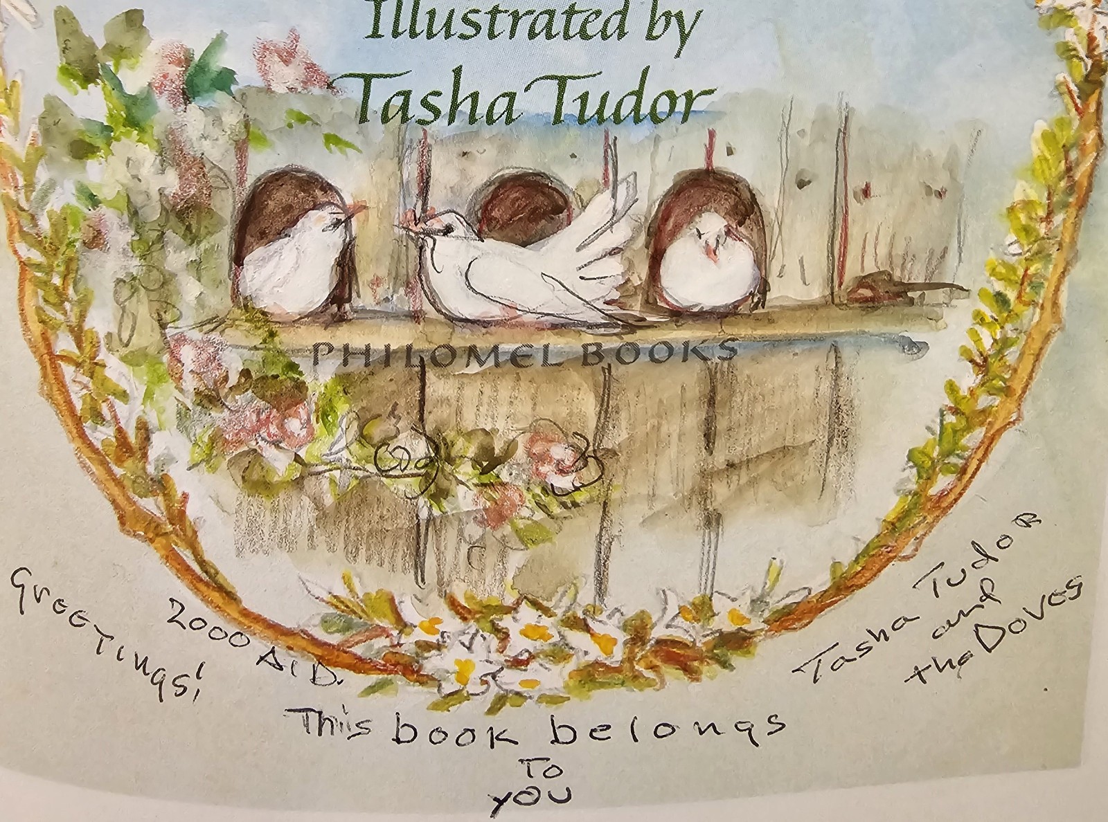 Tasha Tudor original watercolor DOVES IN Dovecote surrounded in flowers. 2000