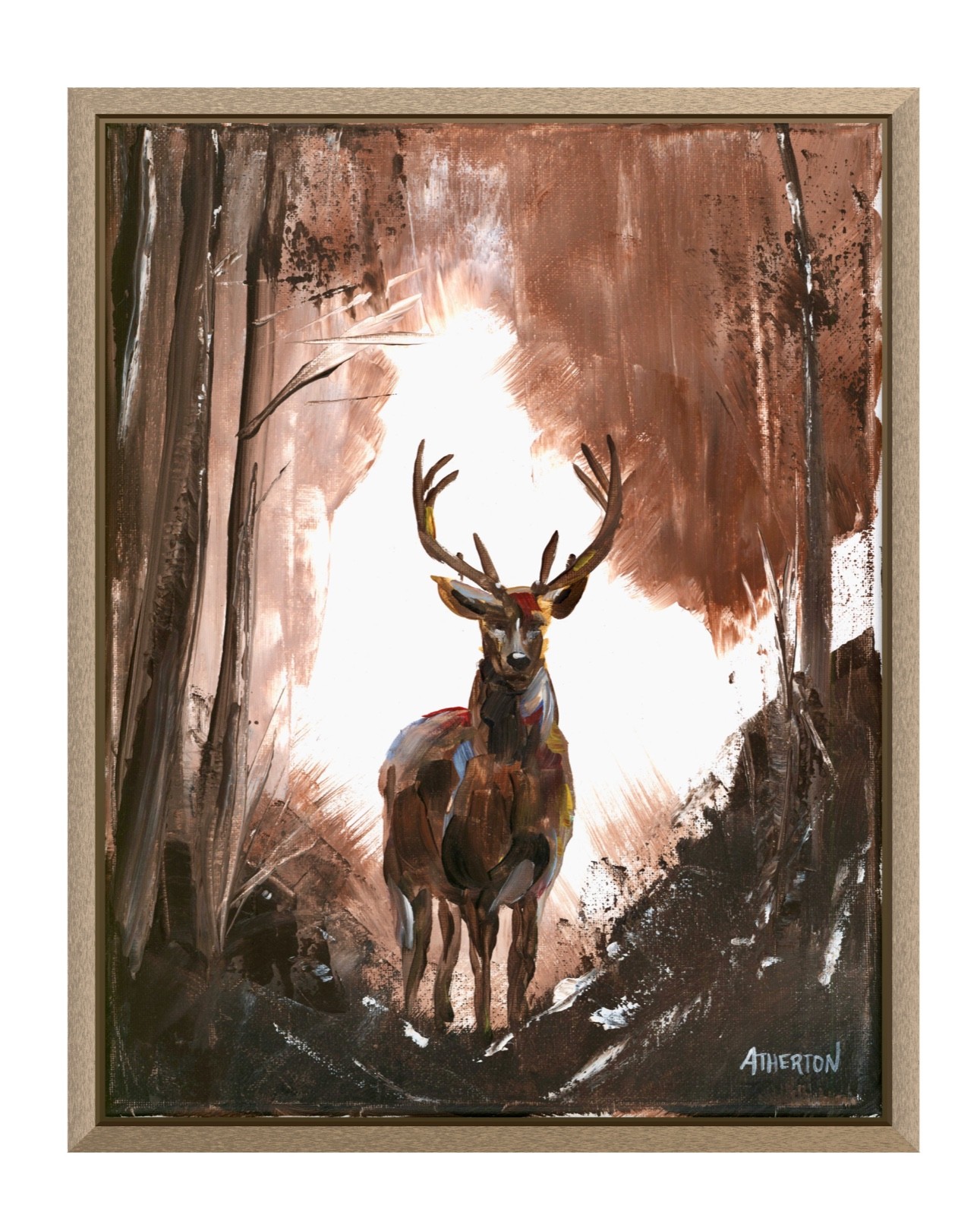 Atherton 11×14 Original Hunting theme Acrylic Painting «Deer in Forest» signed