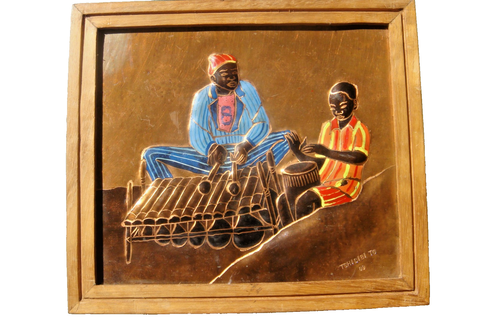 African Relief painting on copper signed by the Congolese artist Guycha Tshidibi