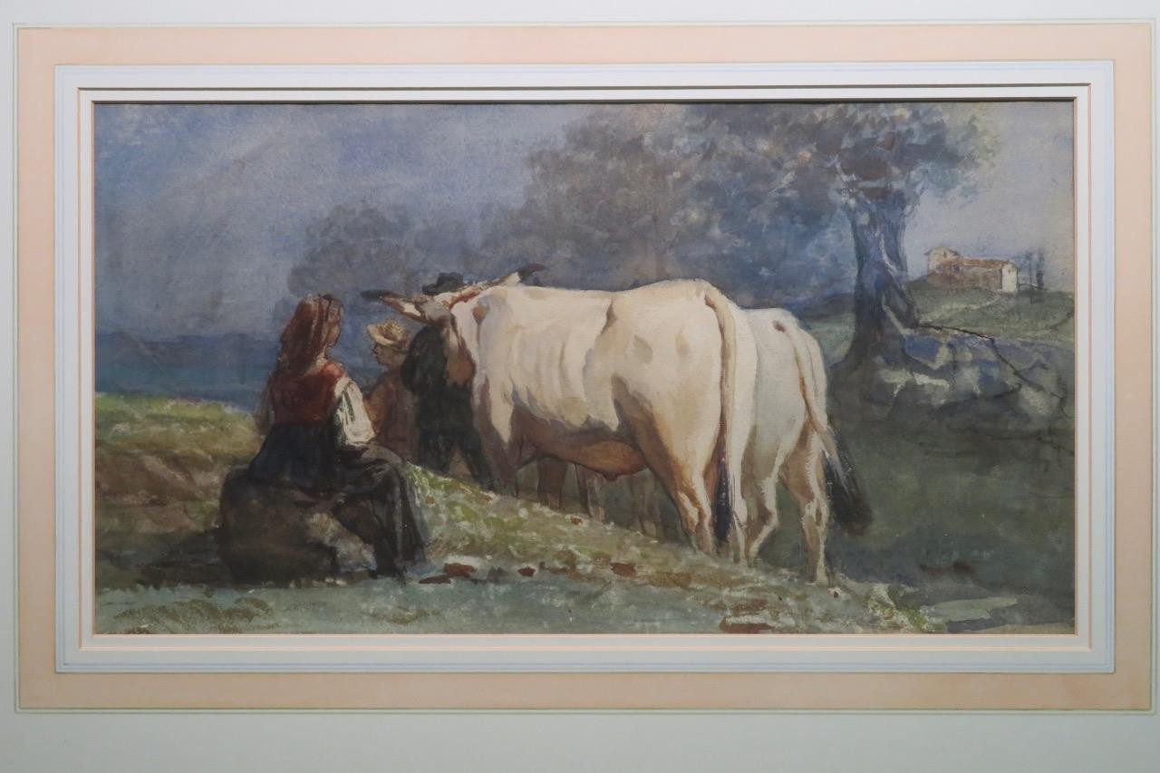 Quality Antique German / Austrian ? Watercolour «Peasant Woman With Oxen»
