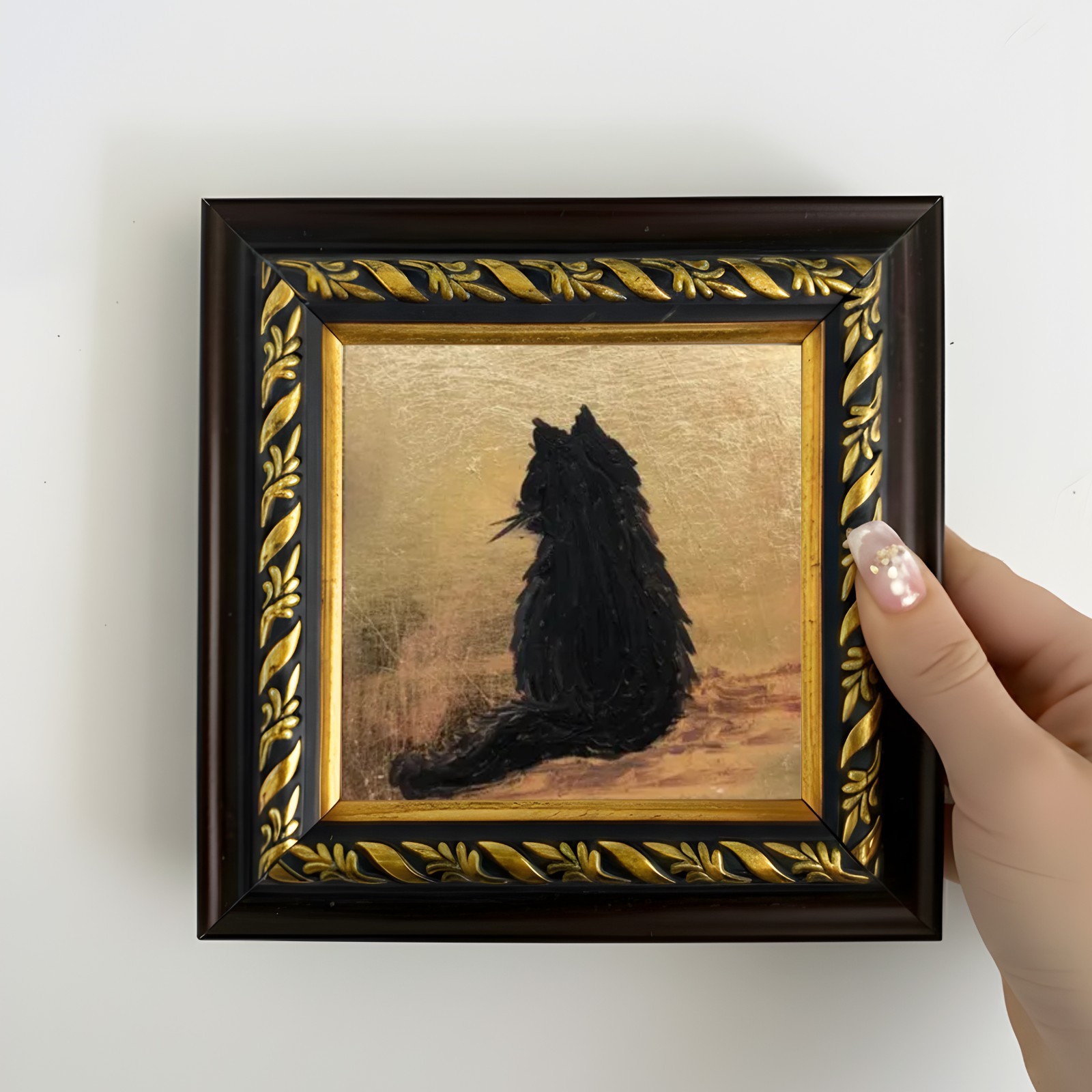 Original Black Cat Painting on Brown Gold Mini Framed HandPainted Animal Art 4×4