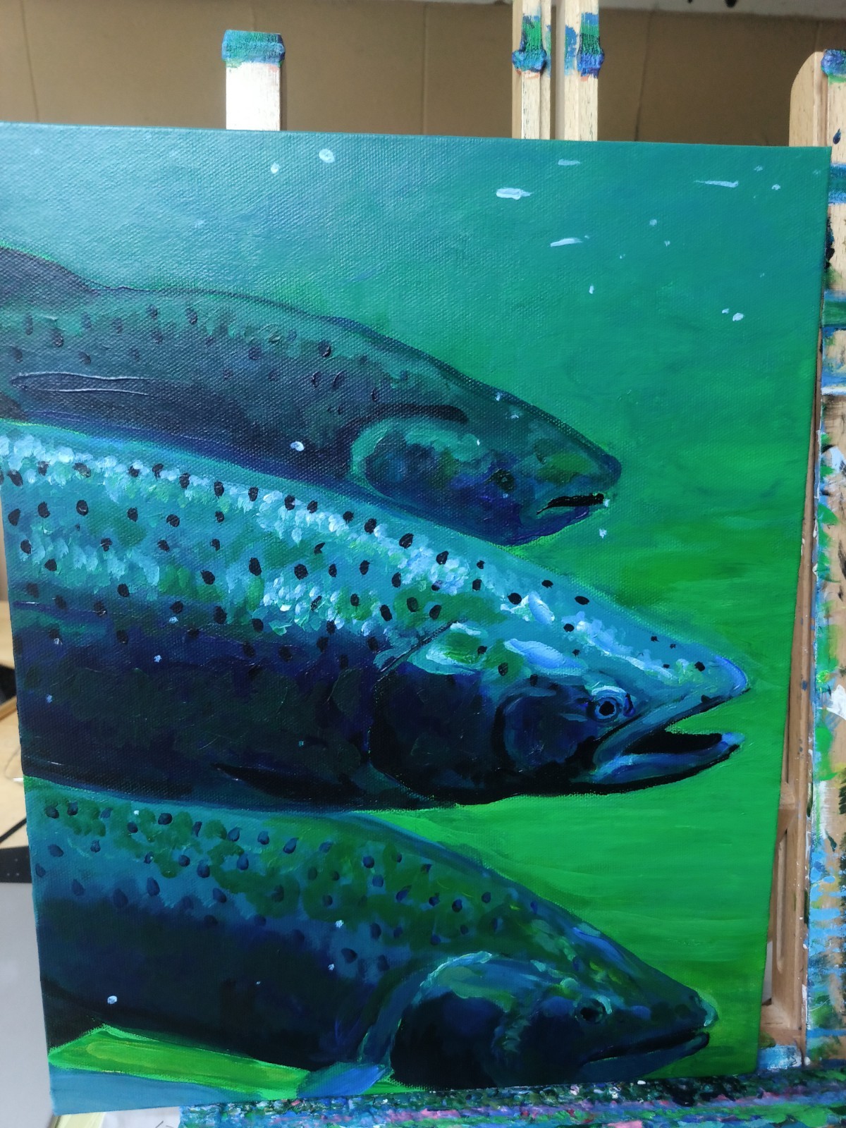 Atlantic Salmon, original painting 11×14 Hard Board Panel Canvas. Salmon Art