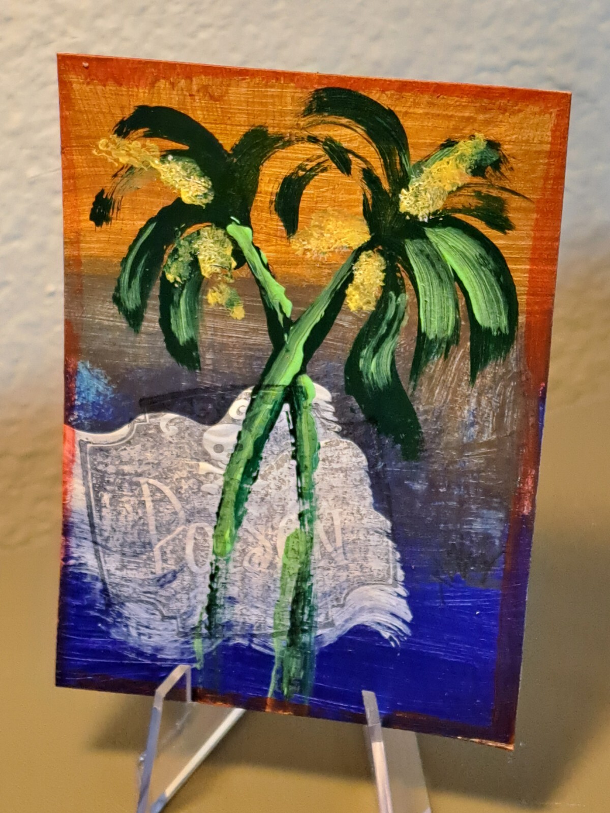 Tropical orange acrylic ink «Friendly Palms» aceo artcard Limited 1/1 Signed