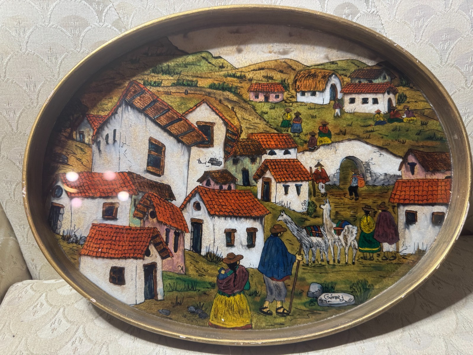 Vintage Gomez «Peruvian Landscape With Figures And Homes» Oil Painting – Framed