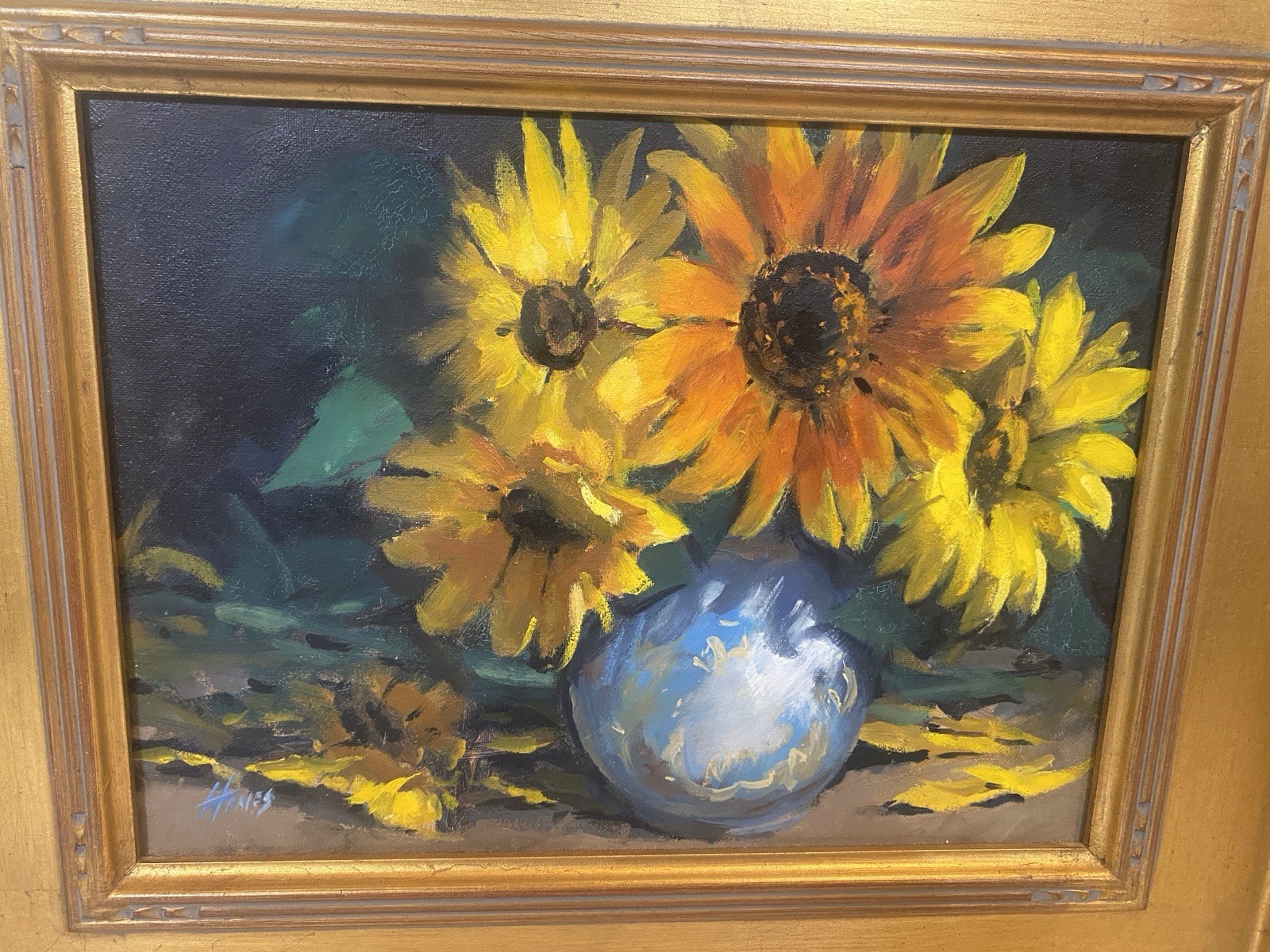 Signed Framed Original Impressionist Sunflowers Oil Still Life Canvas 16×19