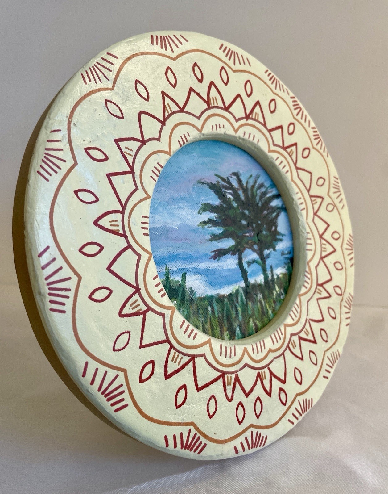 California Cypress Tree Painting Framed Round Coastal Landscape Wall Art