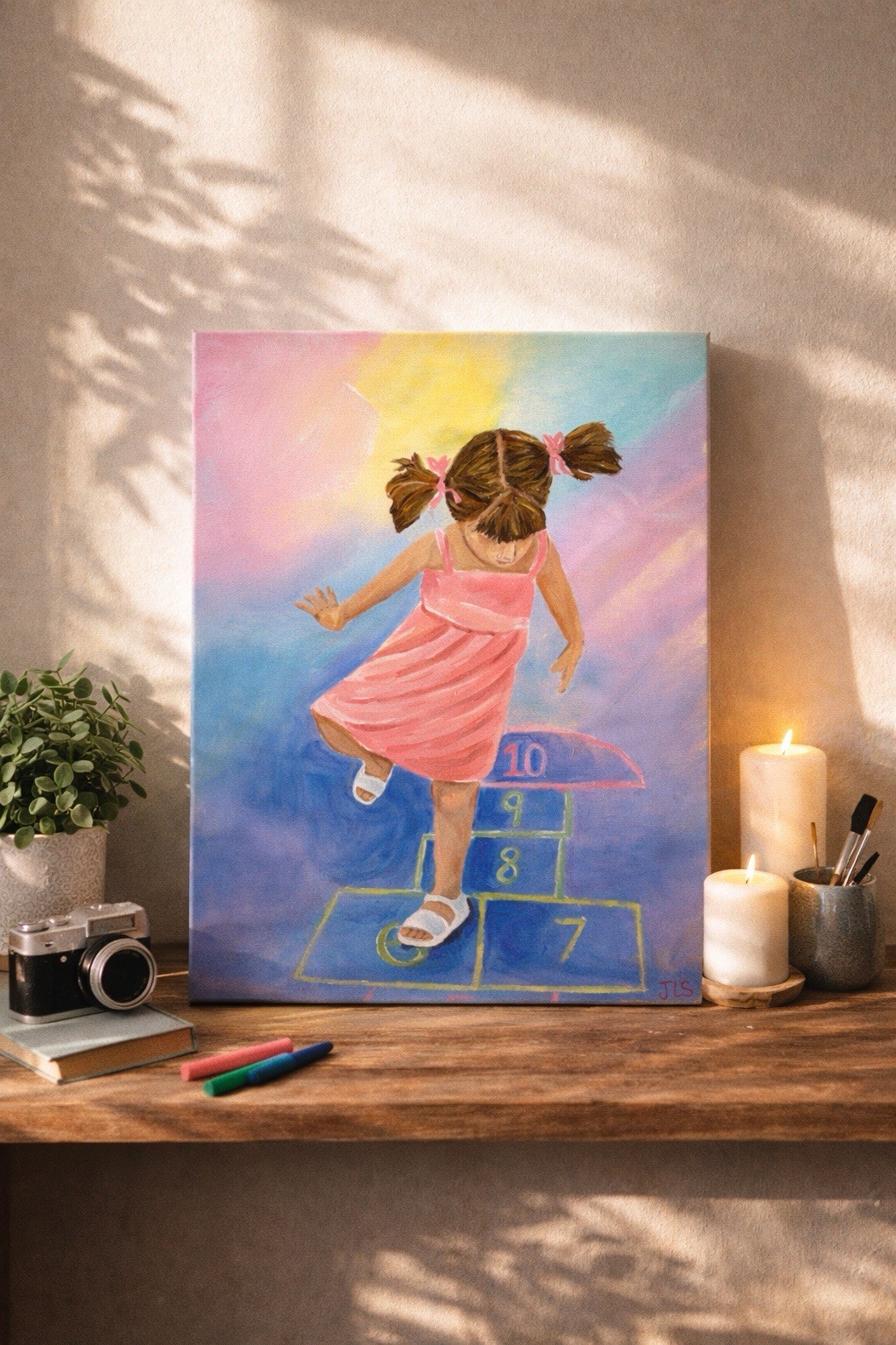 Little Girl Painting Nursery Wall Art Kids Room Decor Hopscotch Child Art 16×20