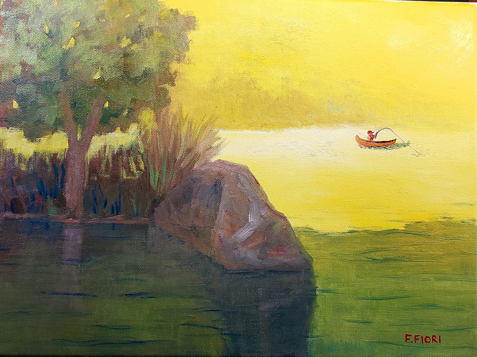 impressionist oil painting original landscape «Early Bird Catches the Fish»