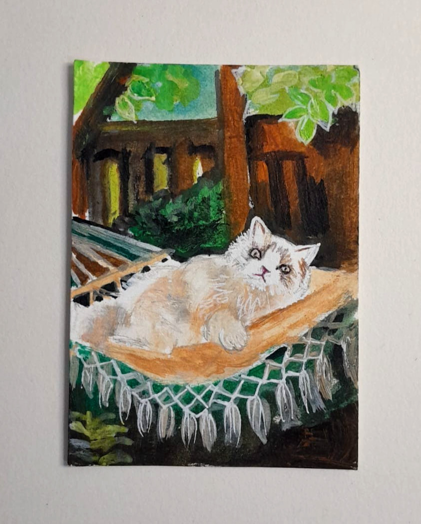 OOAK ACEO Original Painting Fluffy Cat in Hammock Garden Pet Animal Mixed Media