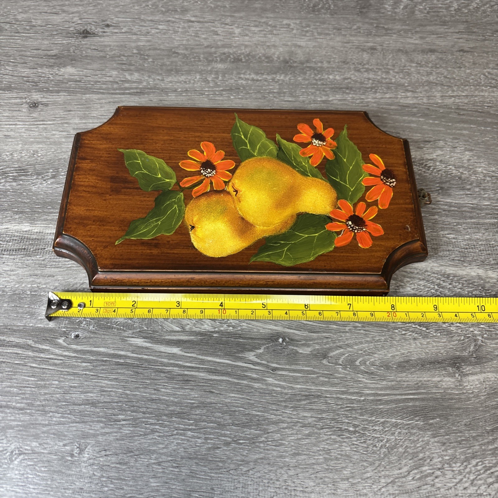 Vintage Wooden Wall Plaque Fruit Pears Hand Painted Art MCM Decor 9” Hanging